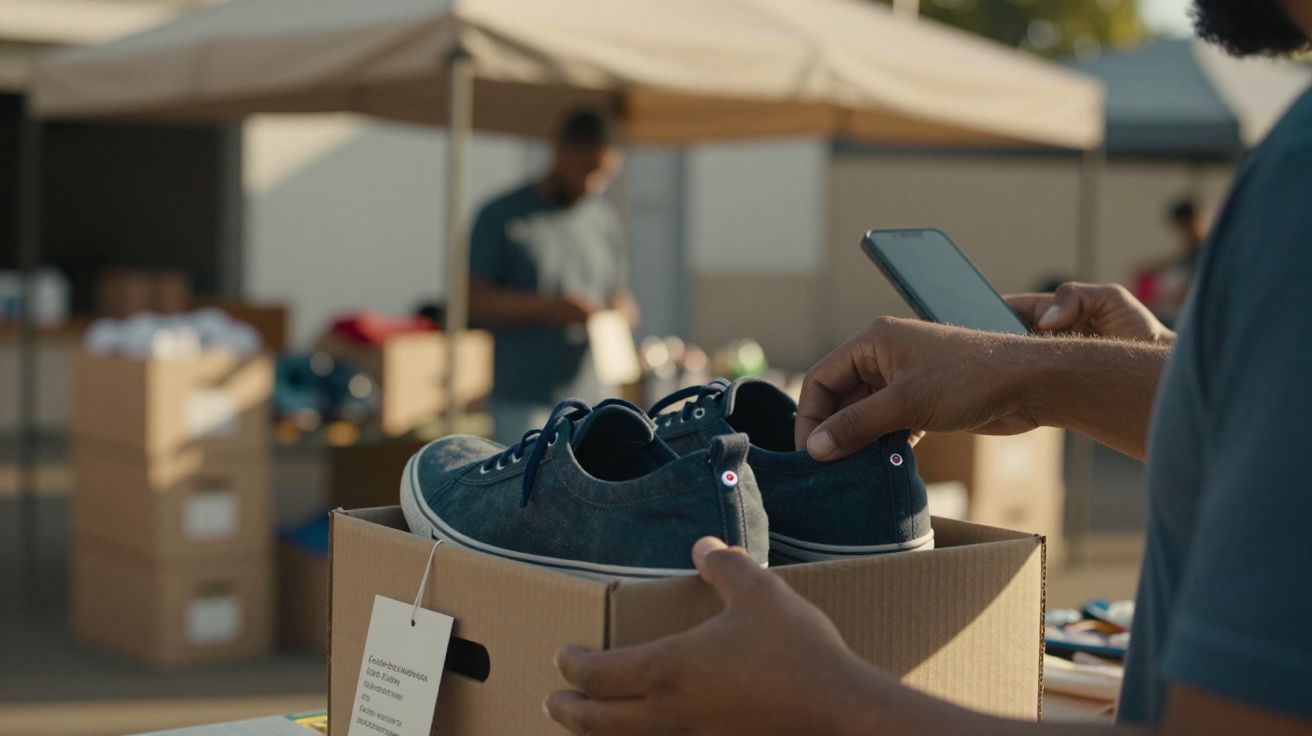 Pessoa a examinar ténis azuis numa caixa enquanto segura um smartphone, com estandes em segundo plano.