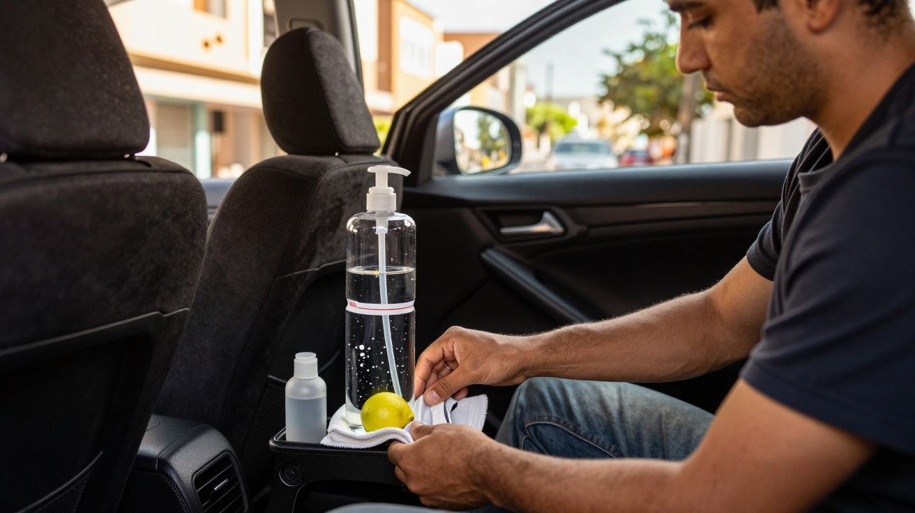 Homem sentado num carro, limpando com toalha e produtos de limpeza no banco do passageiro.