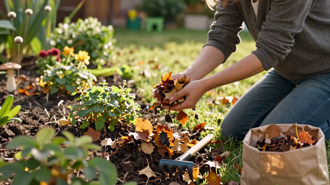 Pessoa recolhe folhas secas no jardim com flores, ao lado de um saco de papel e um ancinho.