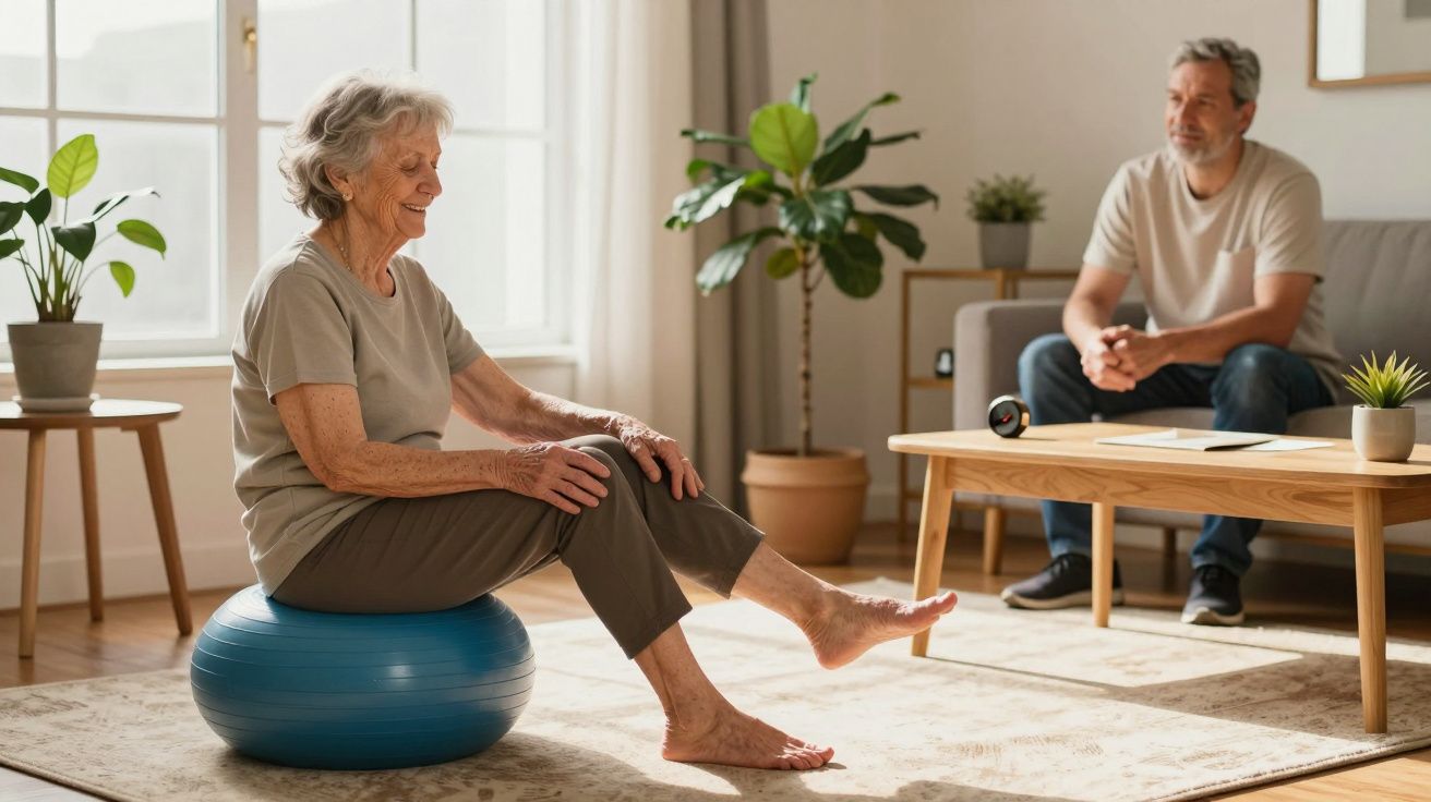 Idosa a exercitar-se em bola de pilates numa sala de estar, enquanto um homem a observa sentado no sofá.