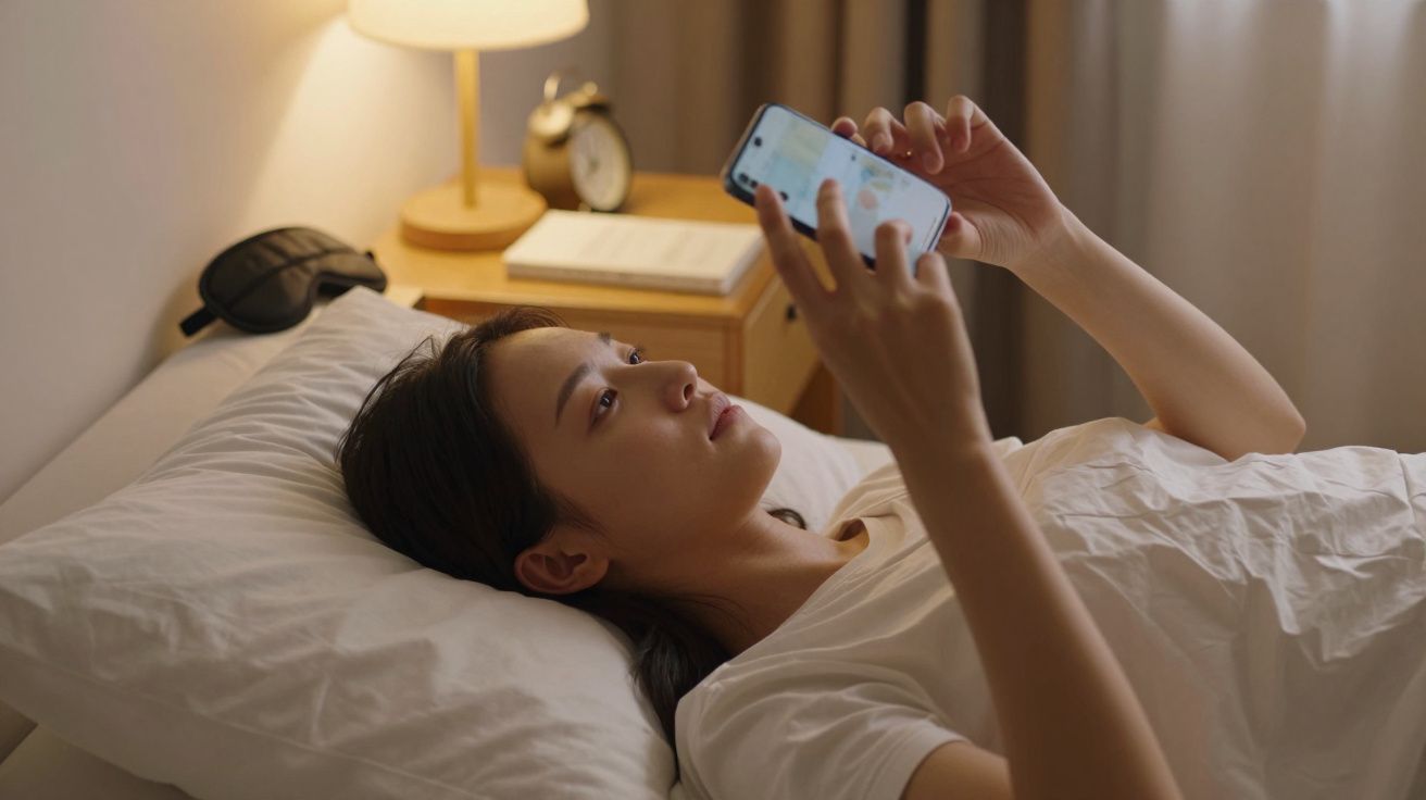 Mulher deitada na cama a usar um telemóvel. Ao fundo, uma mesa com abajur, relógio e livros.