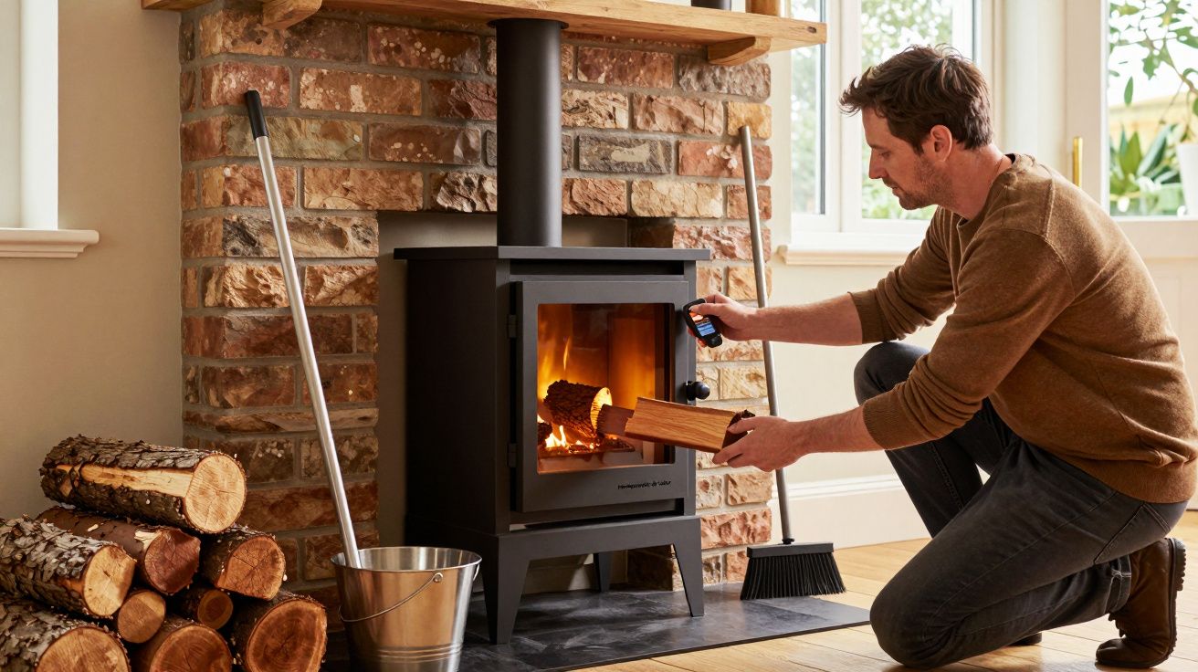 Homem acende lareira em sala aconchegante, usando acendalhas. Há lenha empilhada e balde de metal ao lado.