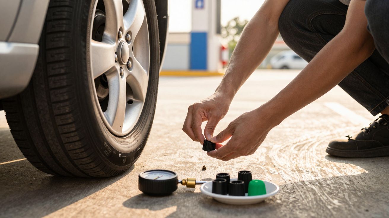 Pessoa verifica a pressão dos pneus de um carro usando um medidor de pressão num estacionamento ao ar livre.