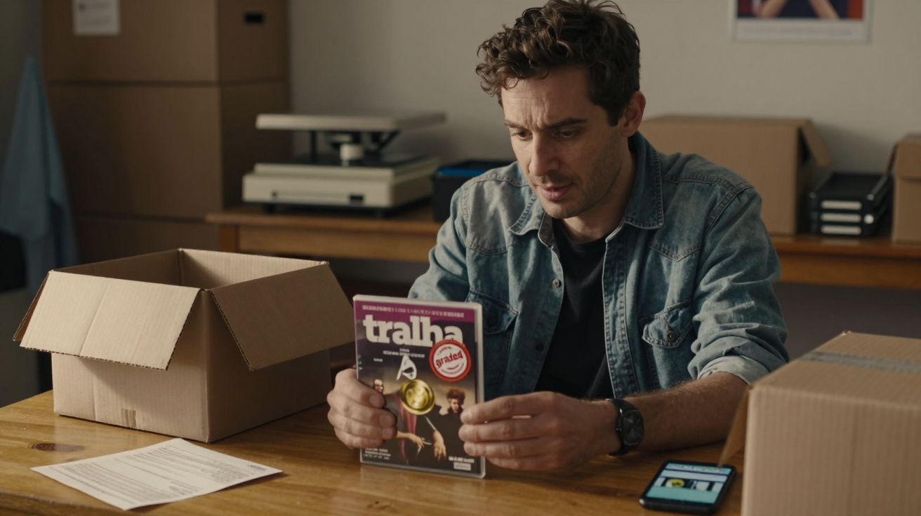 Homem sentado à mesa, segurando um DVD, com uma caixa aberta e um telemóvel visível ao lado.