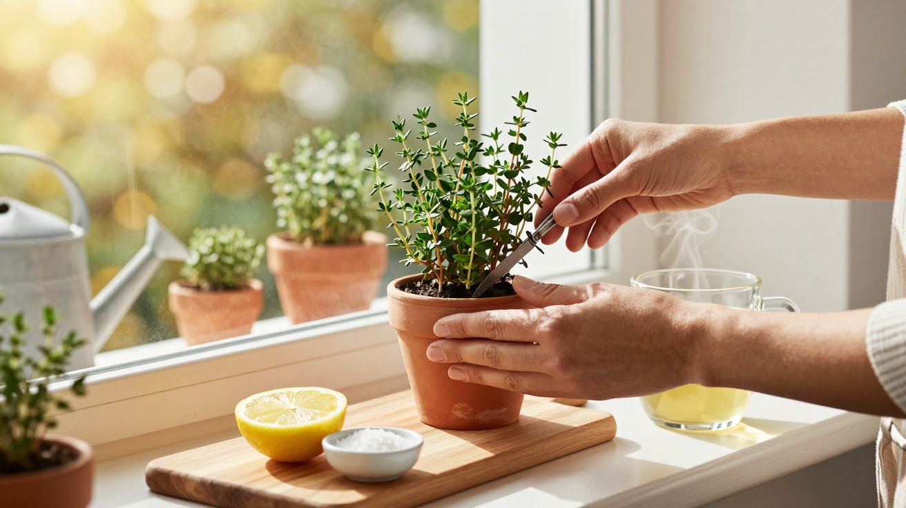 Mãos colhendo ervas num vaso em peitoril de janela, com limão e chá ao lado.