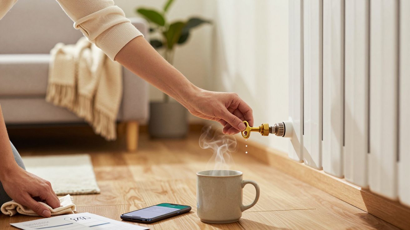 Pessoa ajusta radiador com uma caneca no chão, ao lado de um telemóvel e papéis, numa sala acolhedora.