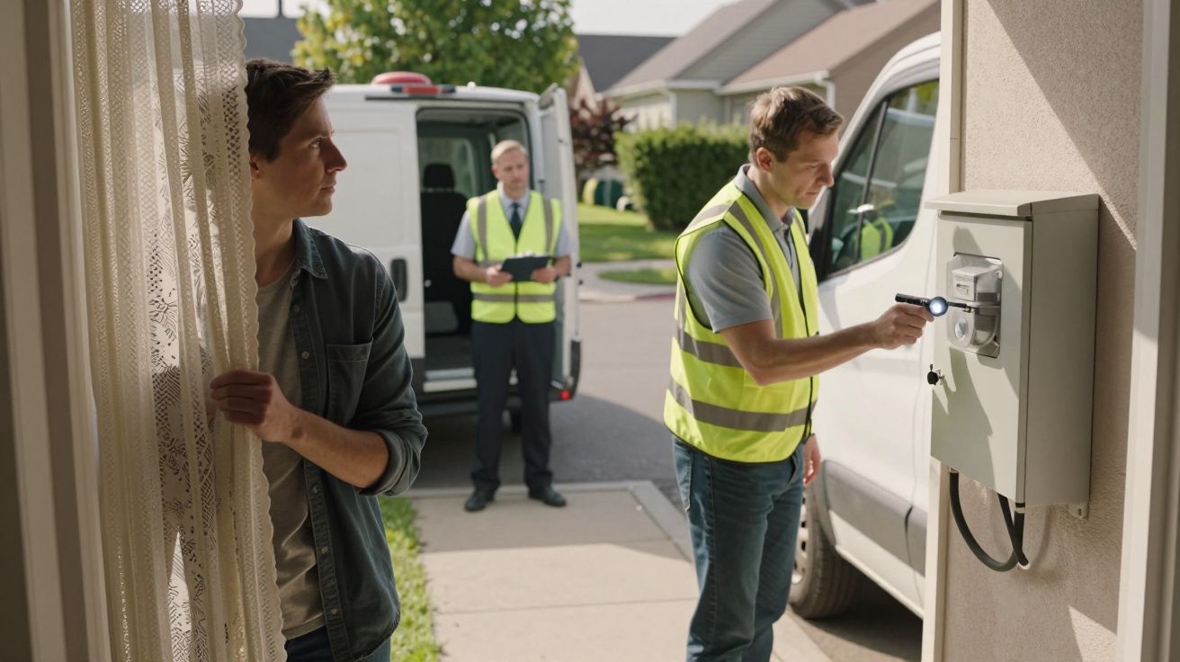 Homem observa dois técnicos de colete amarelo a verificar companhia elétrica na rua perto de uma carrinha branca.