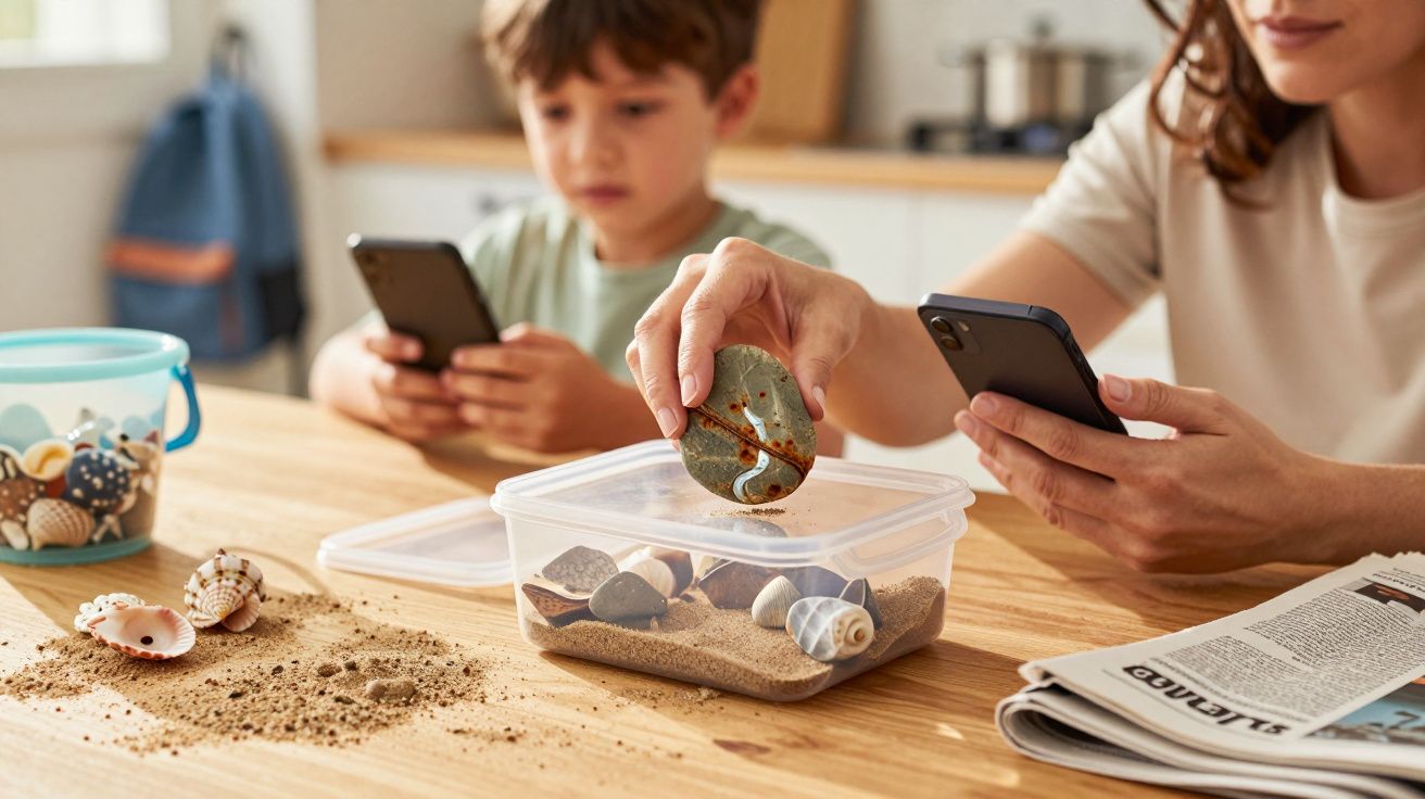 Mulher e criança usam telemóveis enquanto organizam conchas numa caixa de plástico numa mesa de cozinha.