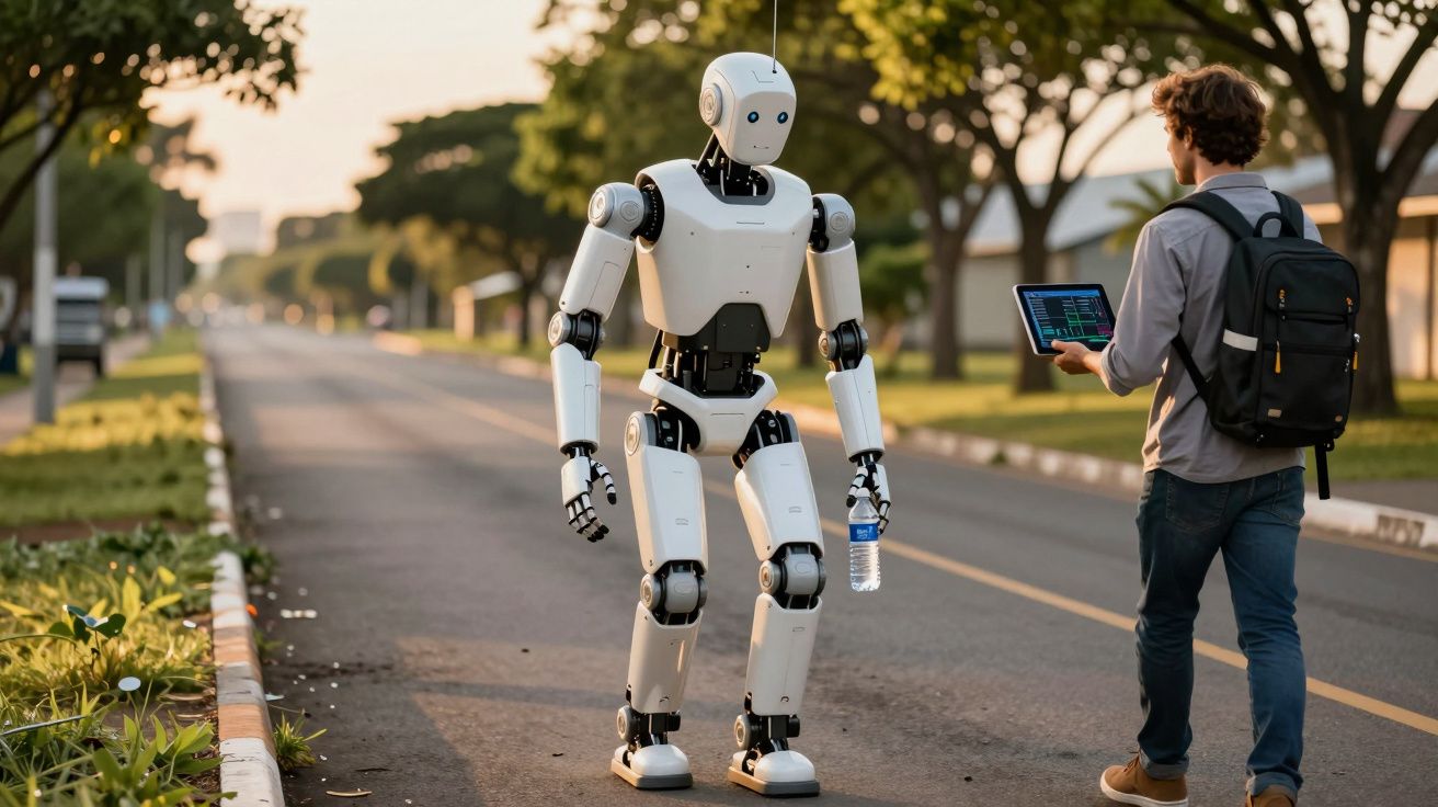 Robô humanoide a caminhar numa estrada ao lado de um homem com mochila e portátil, num ambiente de parque.