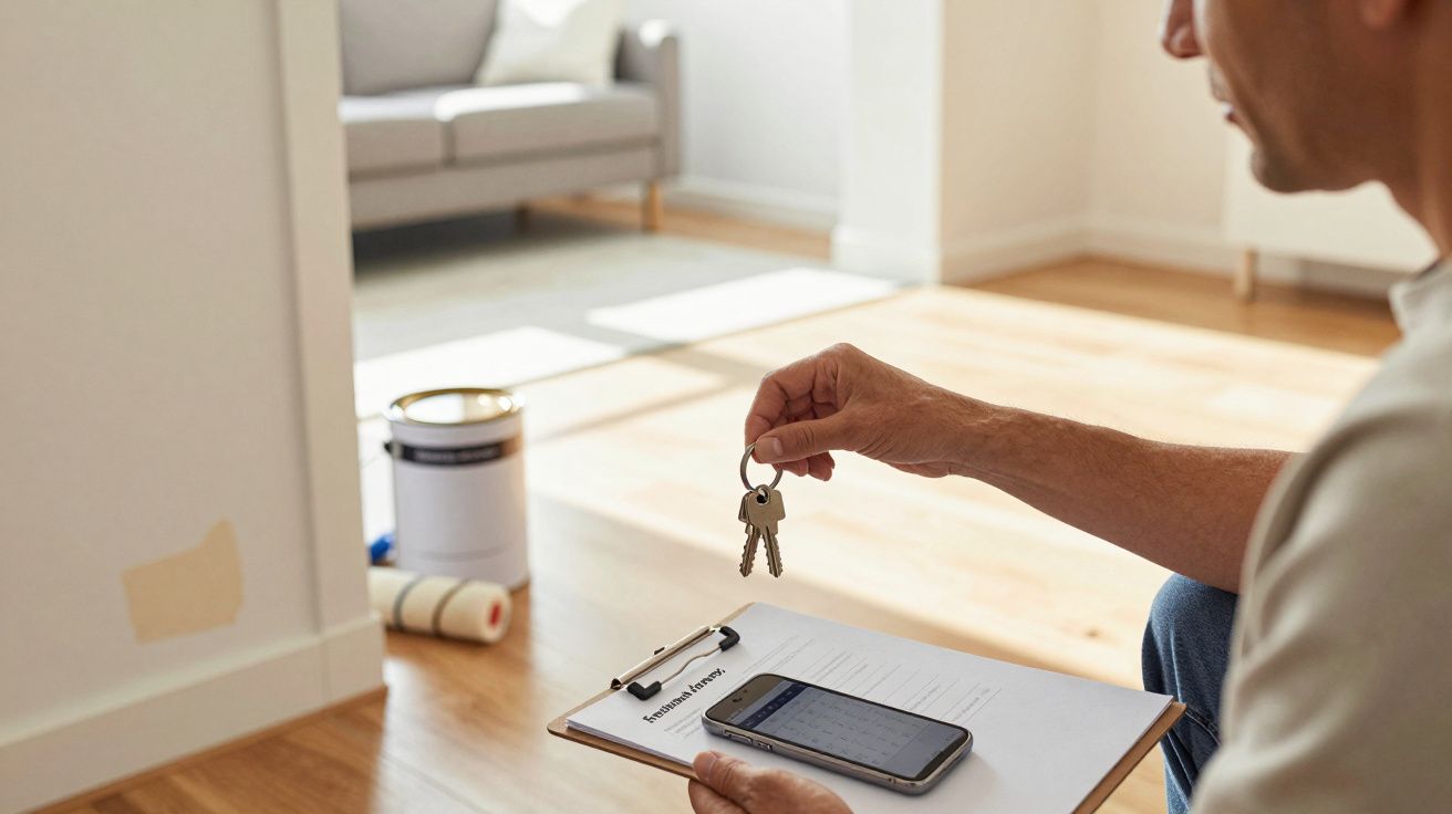 Homem segurando chaves na sala bem iluminada, com telemóvel e bloco de notas; materiais de pintura no chão.