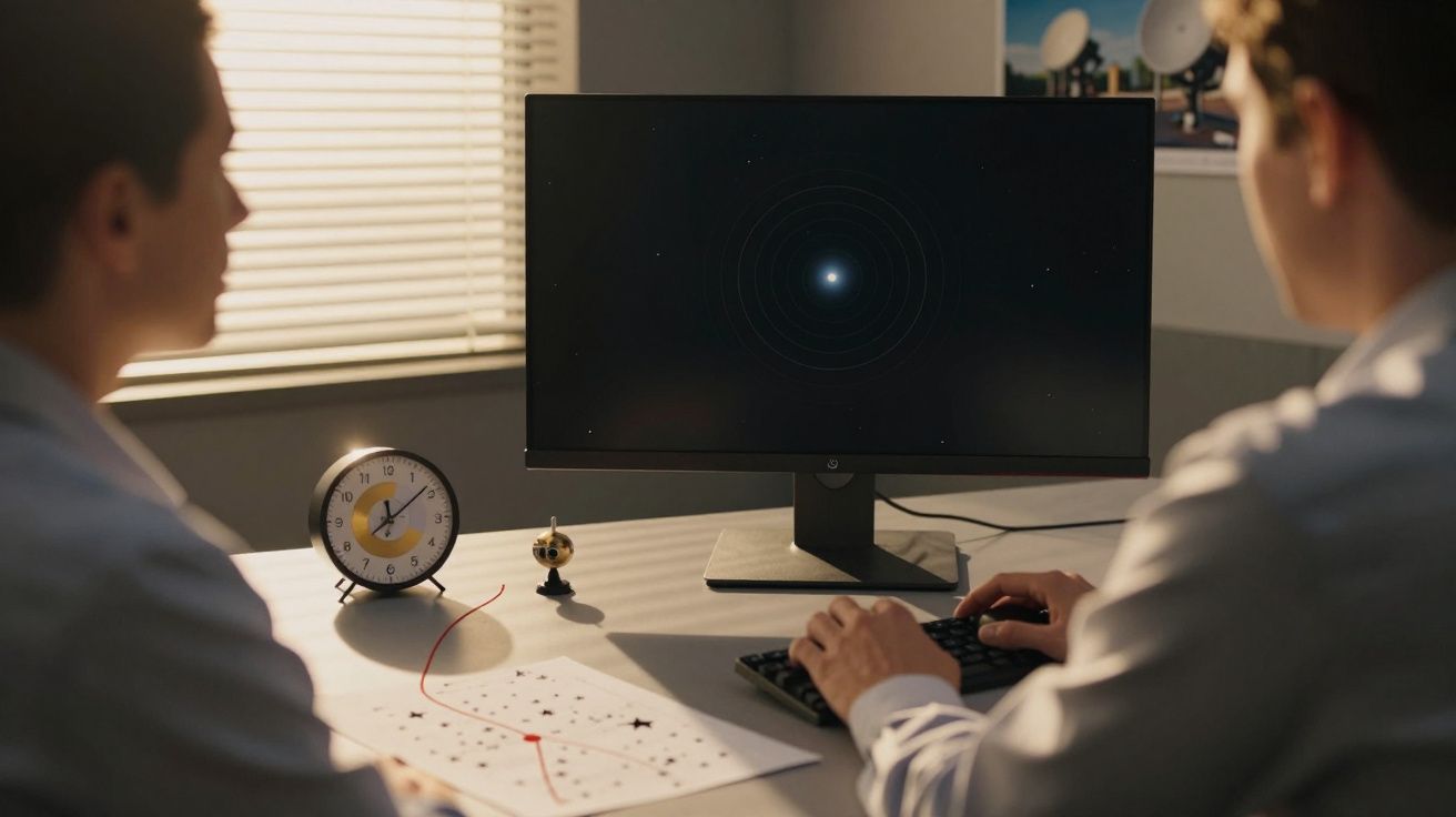 Dois homens observam ecrã com imagem de espaço sideral, documentos e relógio numa secretária iluminada.