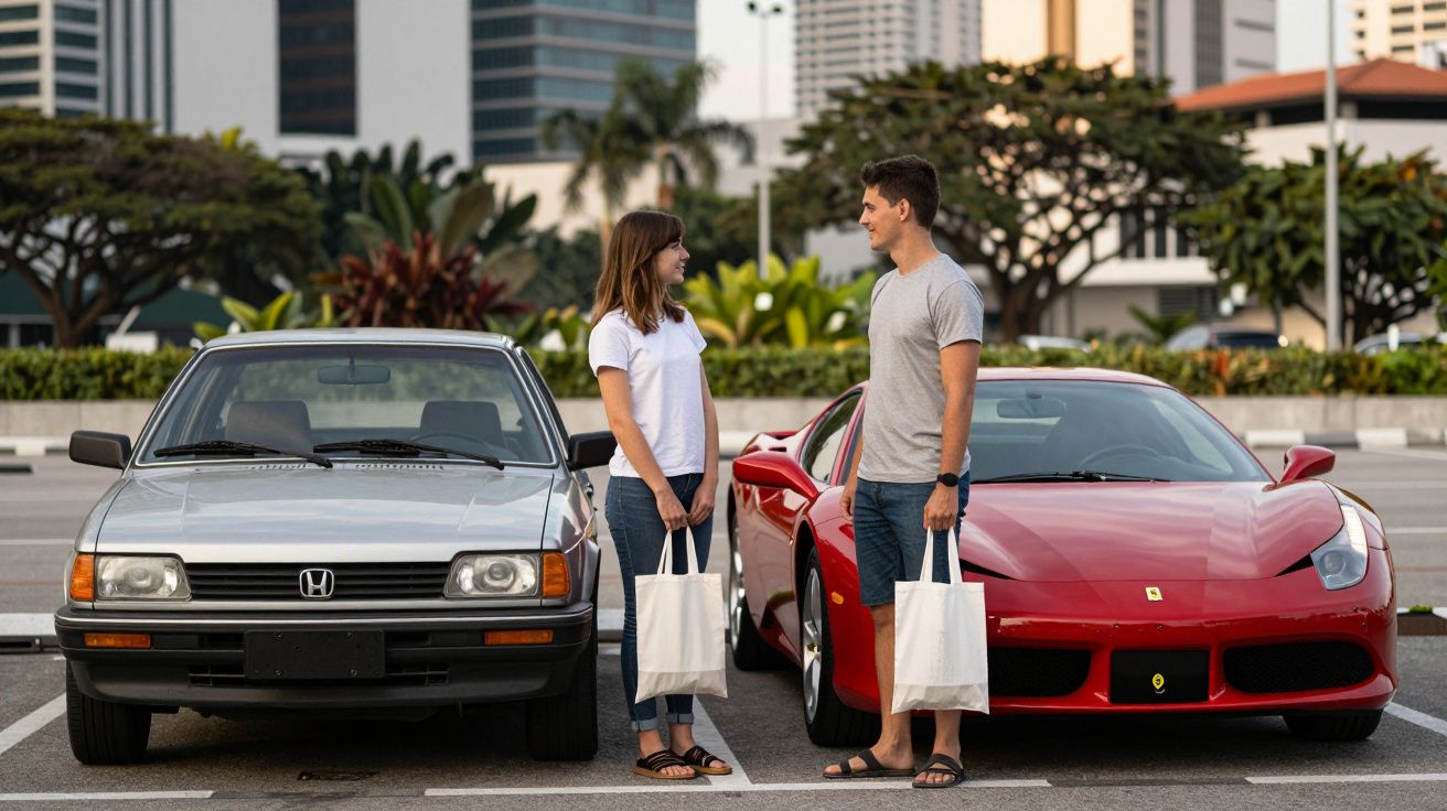 Homem e mulher de pé em frente a um carro cinzento e um carro vermelho num parque de estacionamento, segurando sacos.