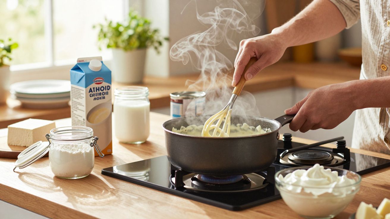 Pessoa a cozinhar em fogão, mexendo ingredientes numa panela com batedor. Caixa de leite e outros ingredientes ao fundo.