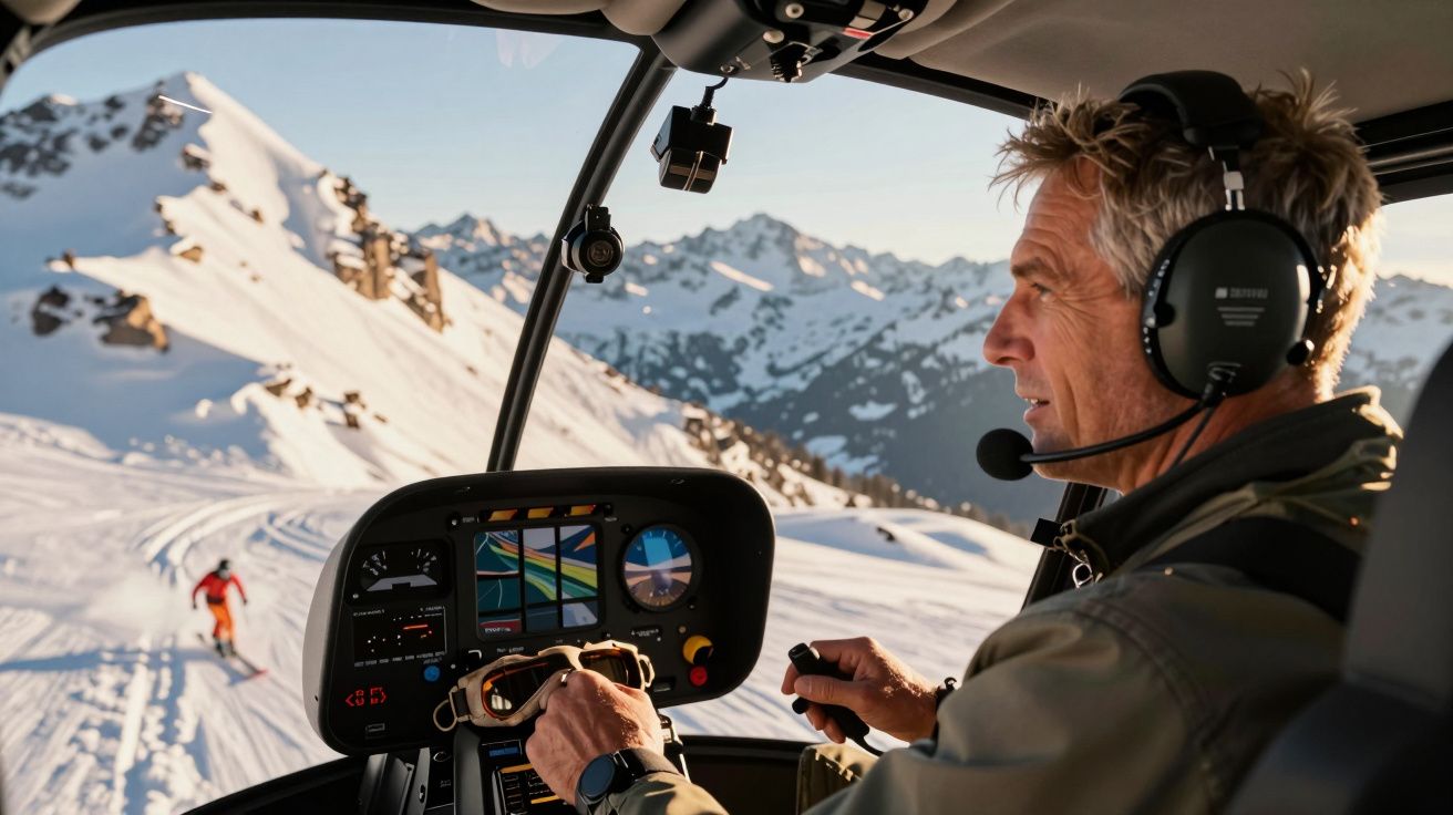 Piloto a conduzir helicóptero sobre montanhas nevadas, com esquiador visível na paisagem.