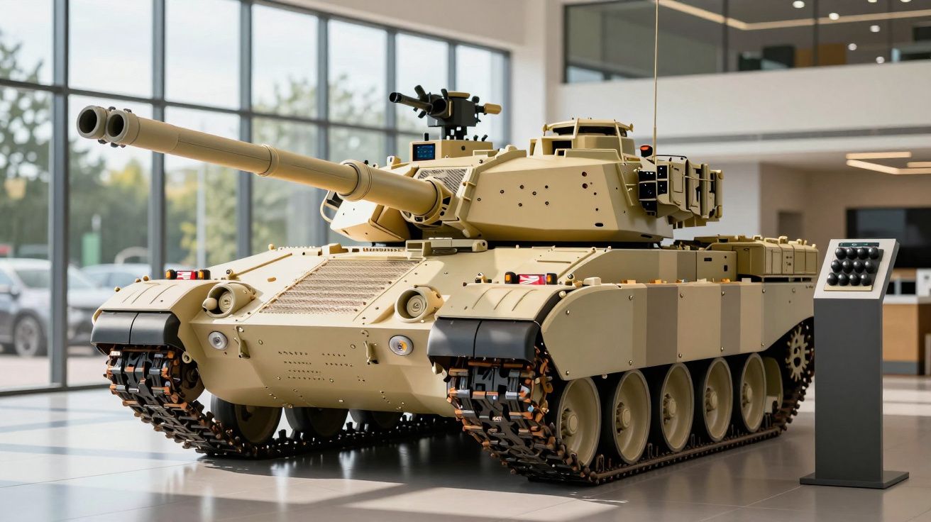 Tanque de brinquedo tan areia exibido em espaço moderno com grandes janelas e um pedestal informativo ao lado.