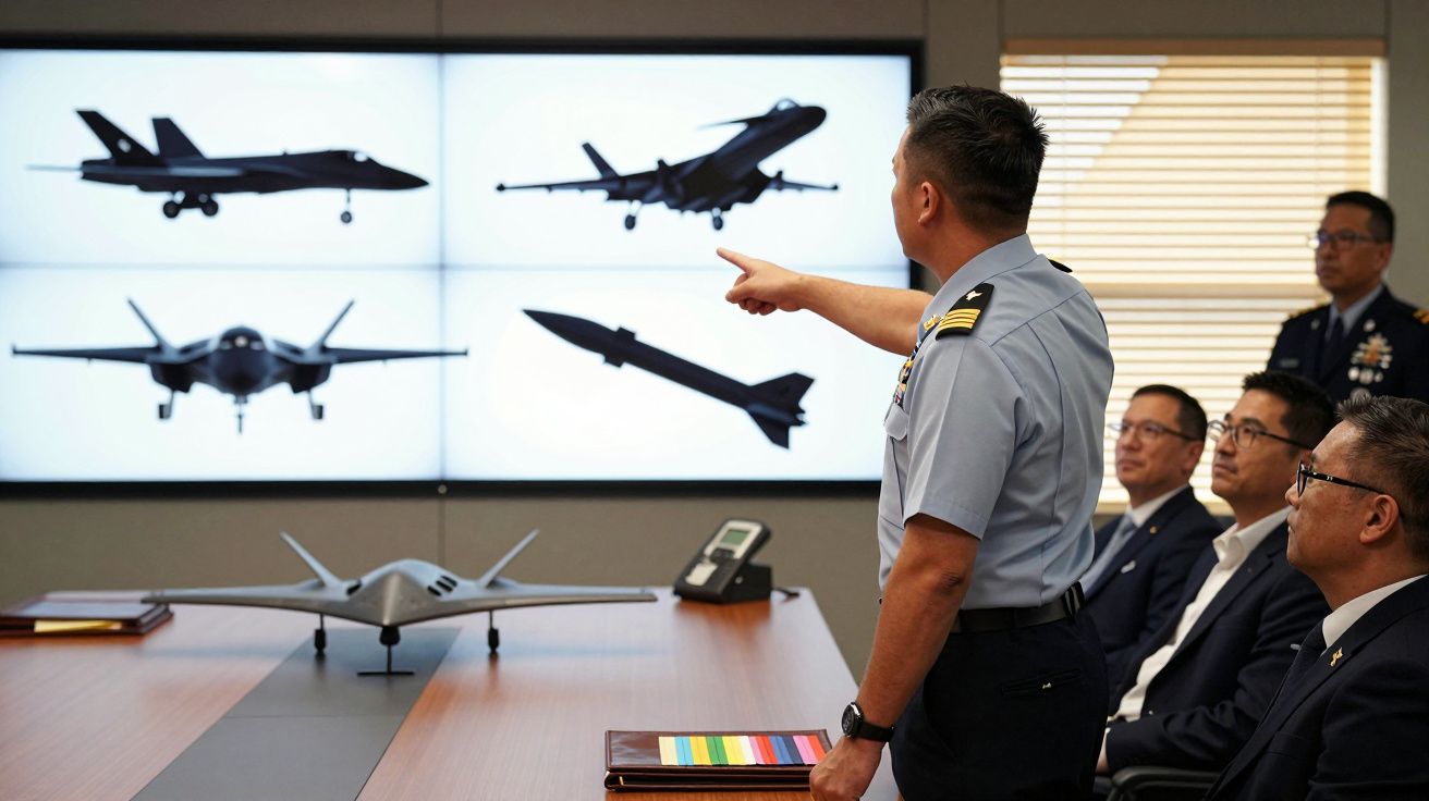 Oficial aponta para ecrã com aviões e mísseis, discutindo com outros homens numa sala de reunião.