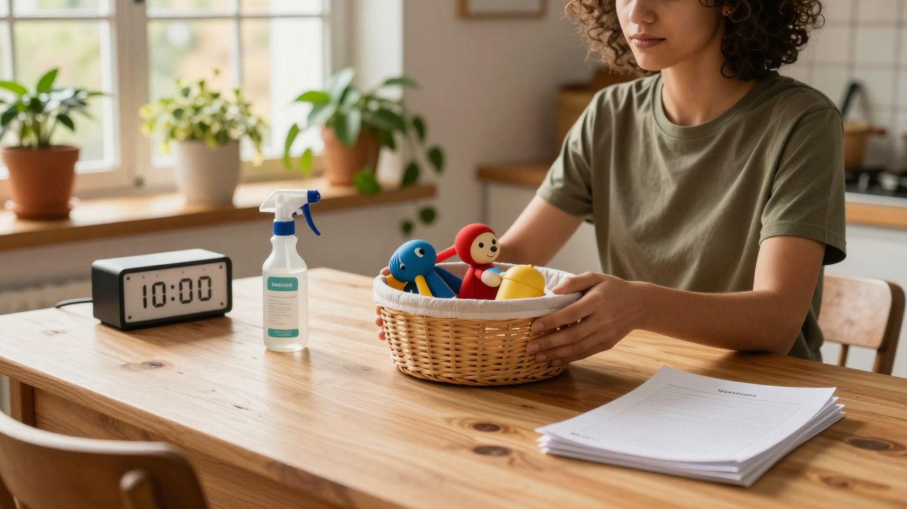 Mulher sentada à mesa, segurando um cesto com brinquedos, ao lado de um relógio, spray e documentos.