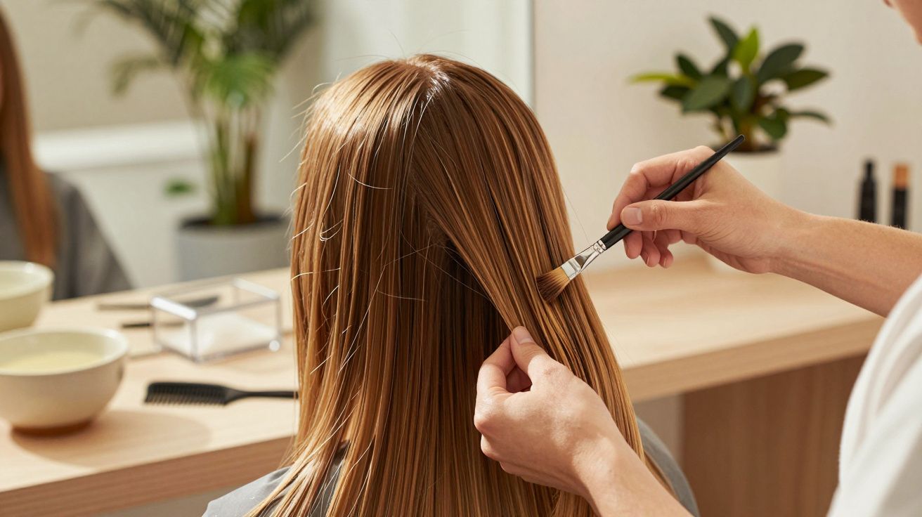 Cabelos longos loiros são pintados com um pincel num salão de beleza, com ferramentas de cabeleireiro ao fundo.