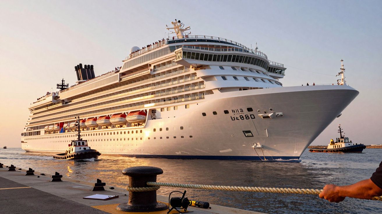 Navio de cruzeiro branco no porto ao amanhecer, rebocado por três barcos pequenos.