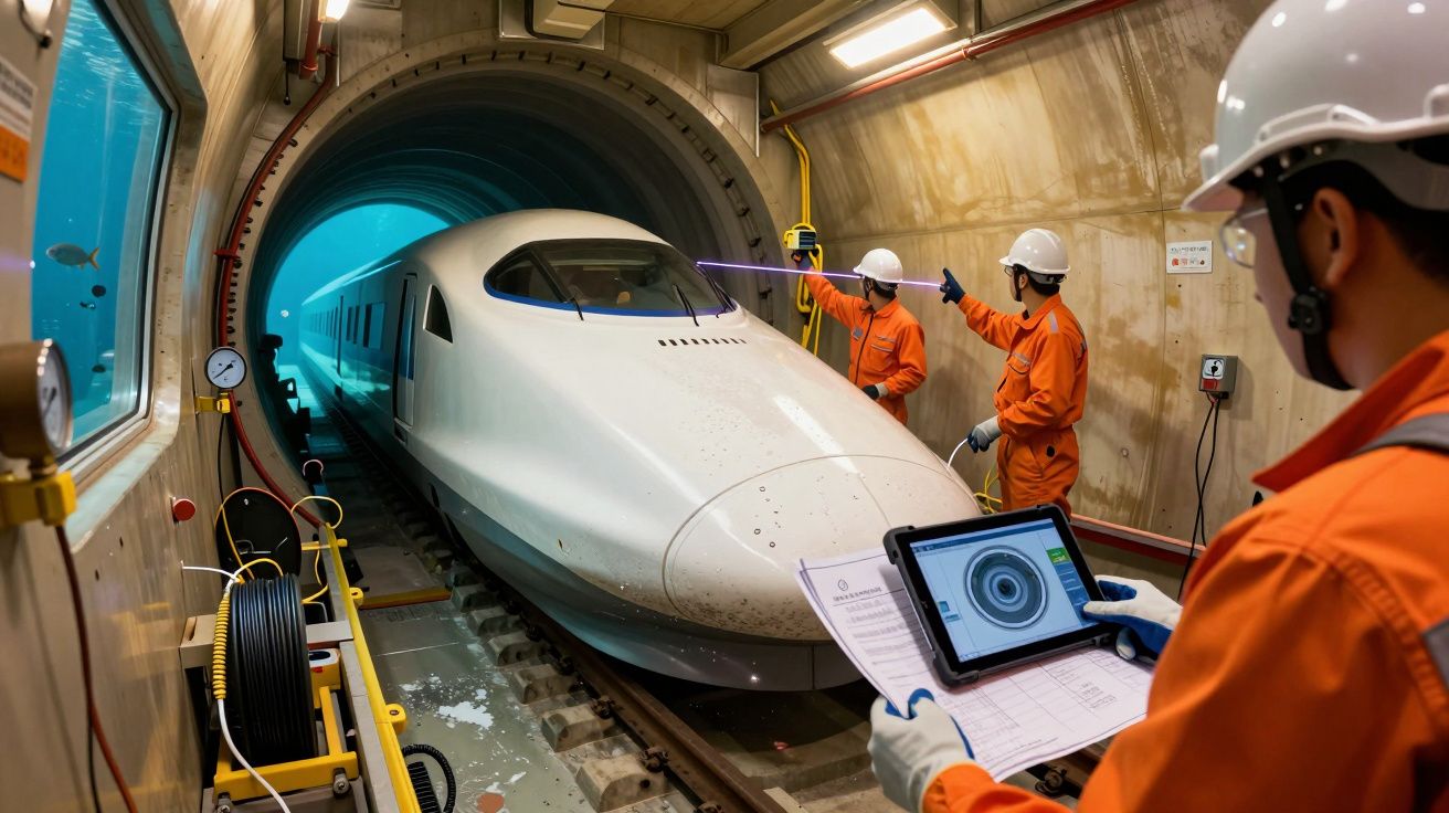 Técnicos inspecionam comboio de alta velocidade num túnel subaquático, com tablets e equipamento de medição.