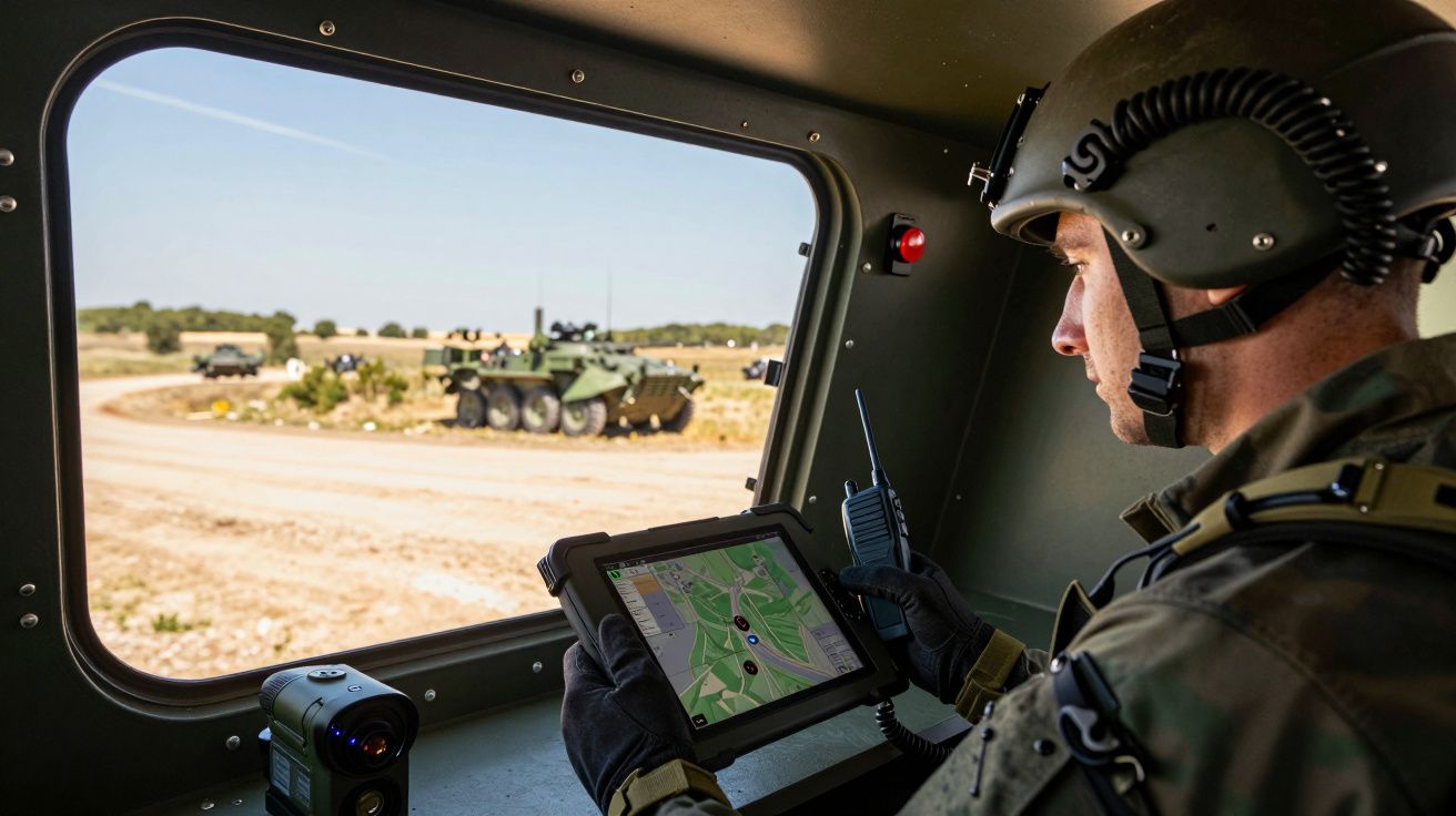 Soldado num veículo militar, segurando um tablet com mapa e rádio, observa veículo blindado no campo através da janela.
