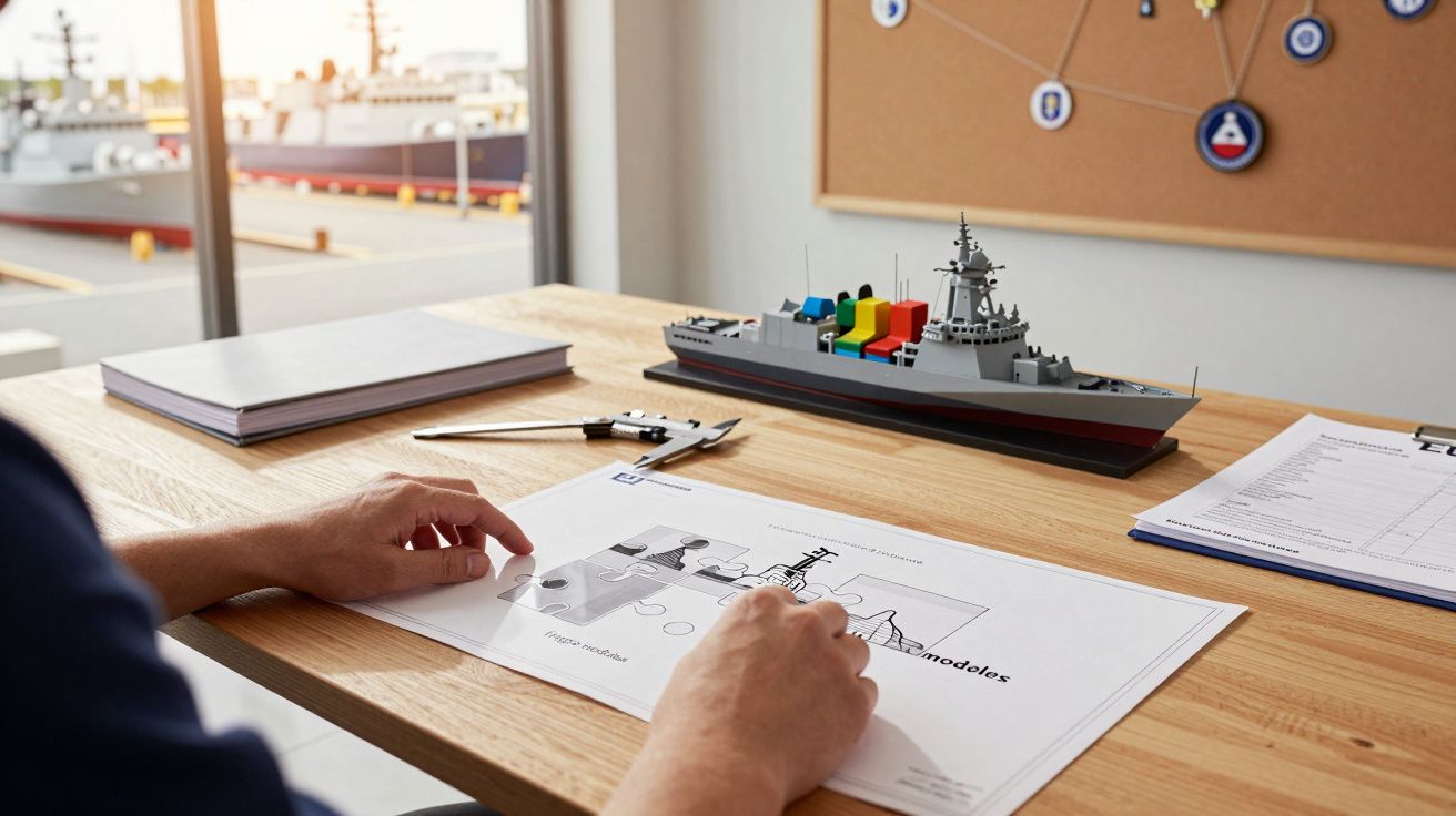 Mãos desenhando plano em mesa de madeira com maquete de navio, caderno e régua, janela com navios ao fundo.