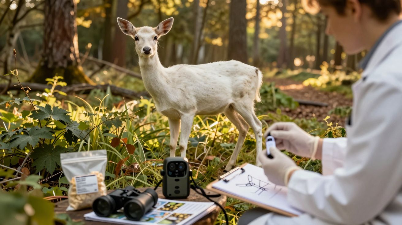 Cientista observa cervo branco numa floresta, rodeado por equipamentos científicos e vegetação.