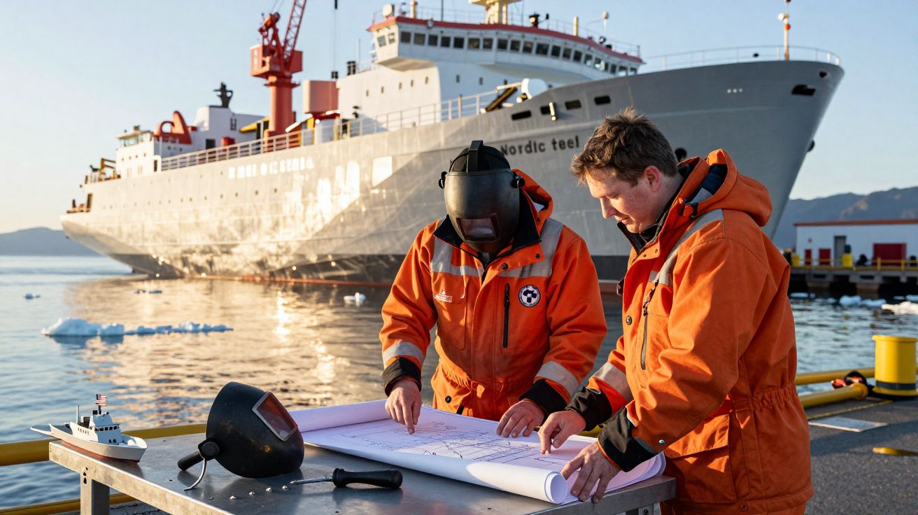 Dois homens em roupas térmicas analisam planos numa mesa, com um grande navio de fundo e gelo no mar.