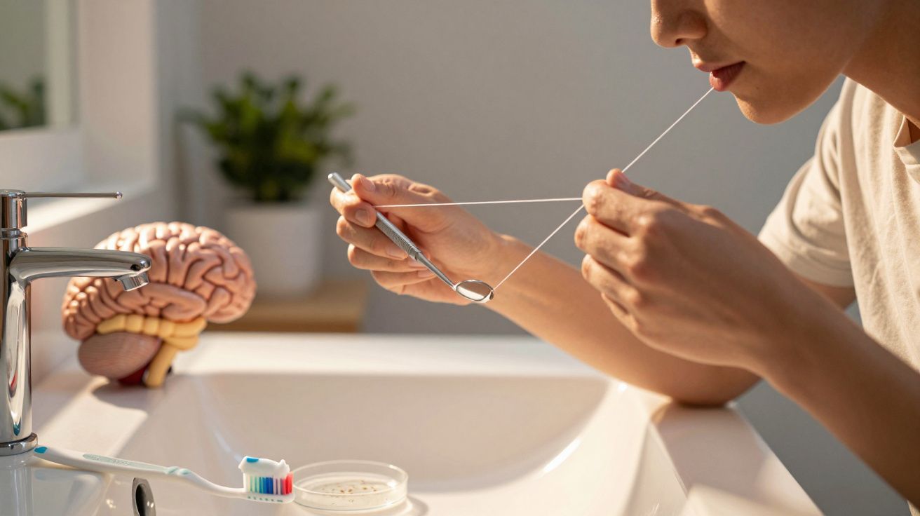 Pessoa usa fio dental na casa de banho, com modelo de cérebro na bancada ao lado da escova de dentes e torneira.