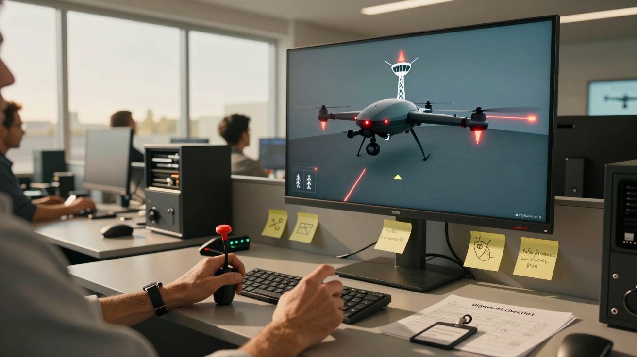 Pessoa controla voo de drone com joystick e monitor em escritório moderno com colegas ao fundo.