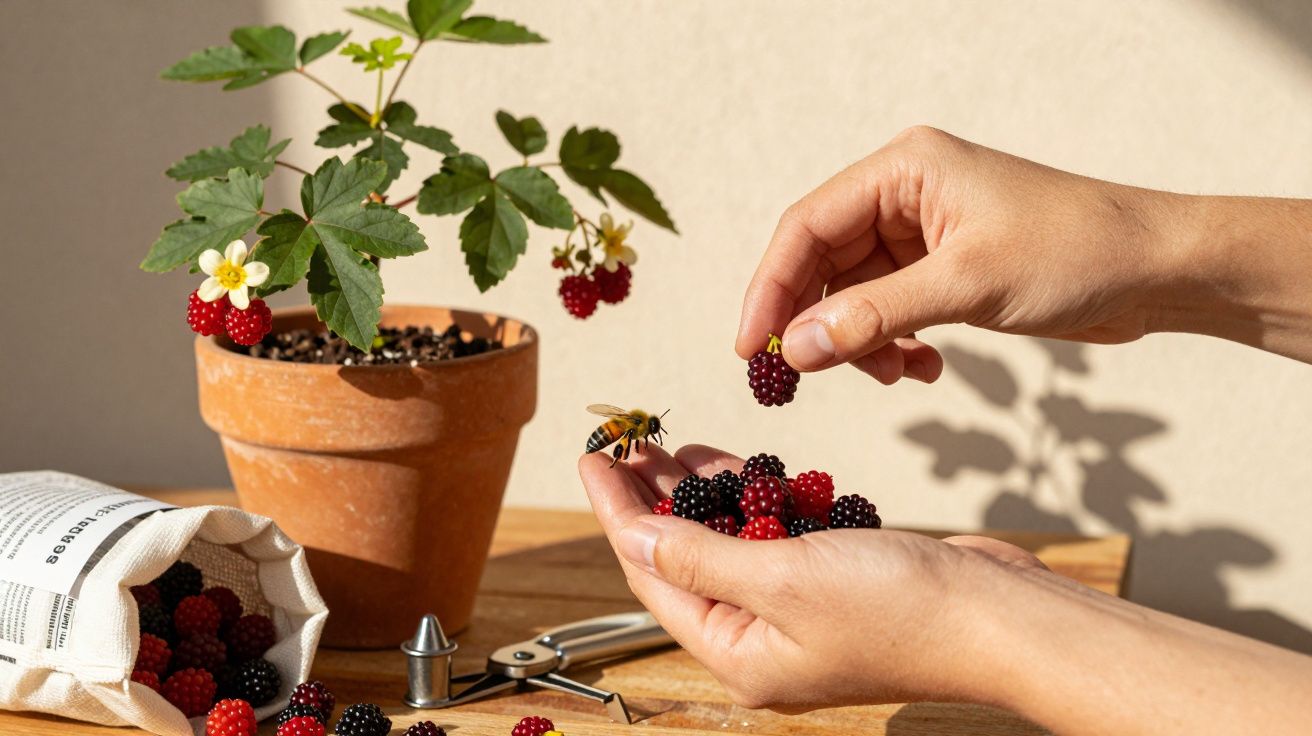 Mãos segurando amoras ao lado de vaso com planta de amora e uma abelha.