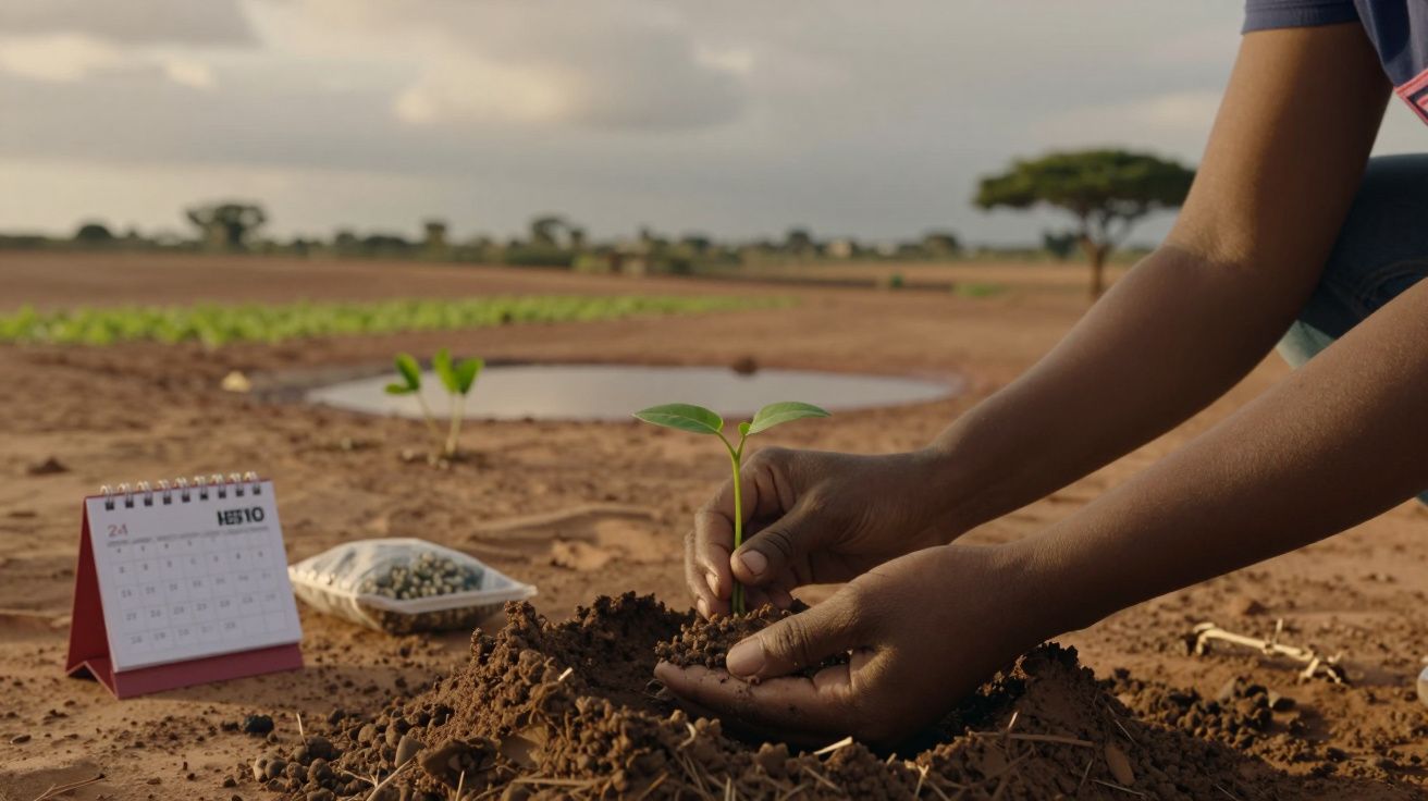 Pessoa plantando muda em solo árido, com calendário e fertilizante ao lado. Fundo de campo aberto e céu parcialmente nublado.
