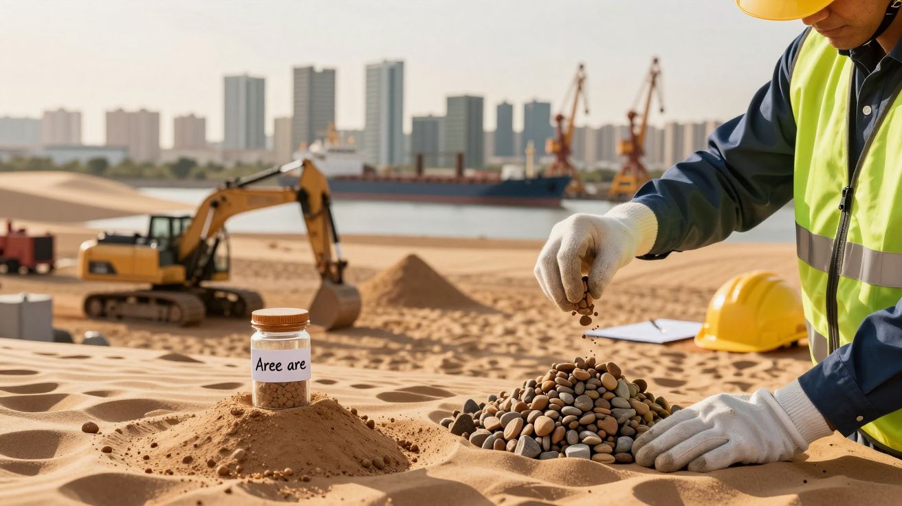 Trabalhador em campo de construção observa amostras de areia e pedras, com escavadora e cidade ao fundo.