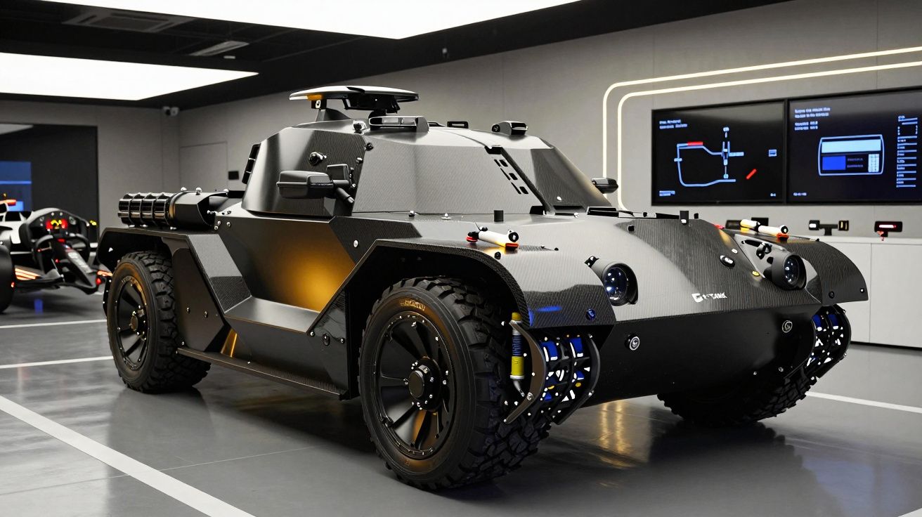 Veículo blindado futurista em exibição numa sala moderna, com ecrãs e iluminação suave ao fundo.