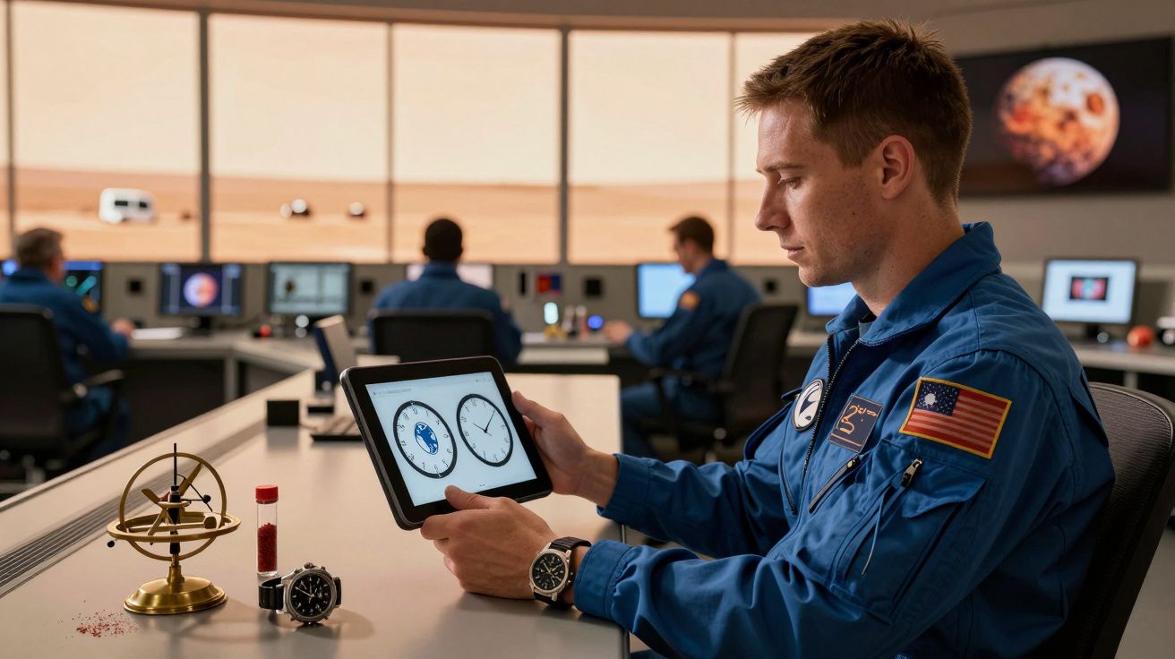 Homem em uniforme azul observa relógio num tablet, em sala de controlo com outros técnicos ao fundo.