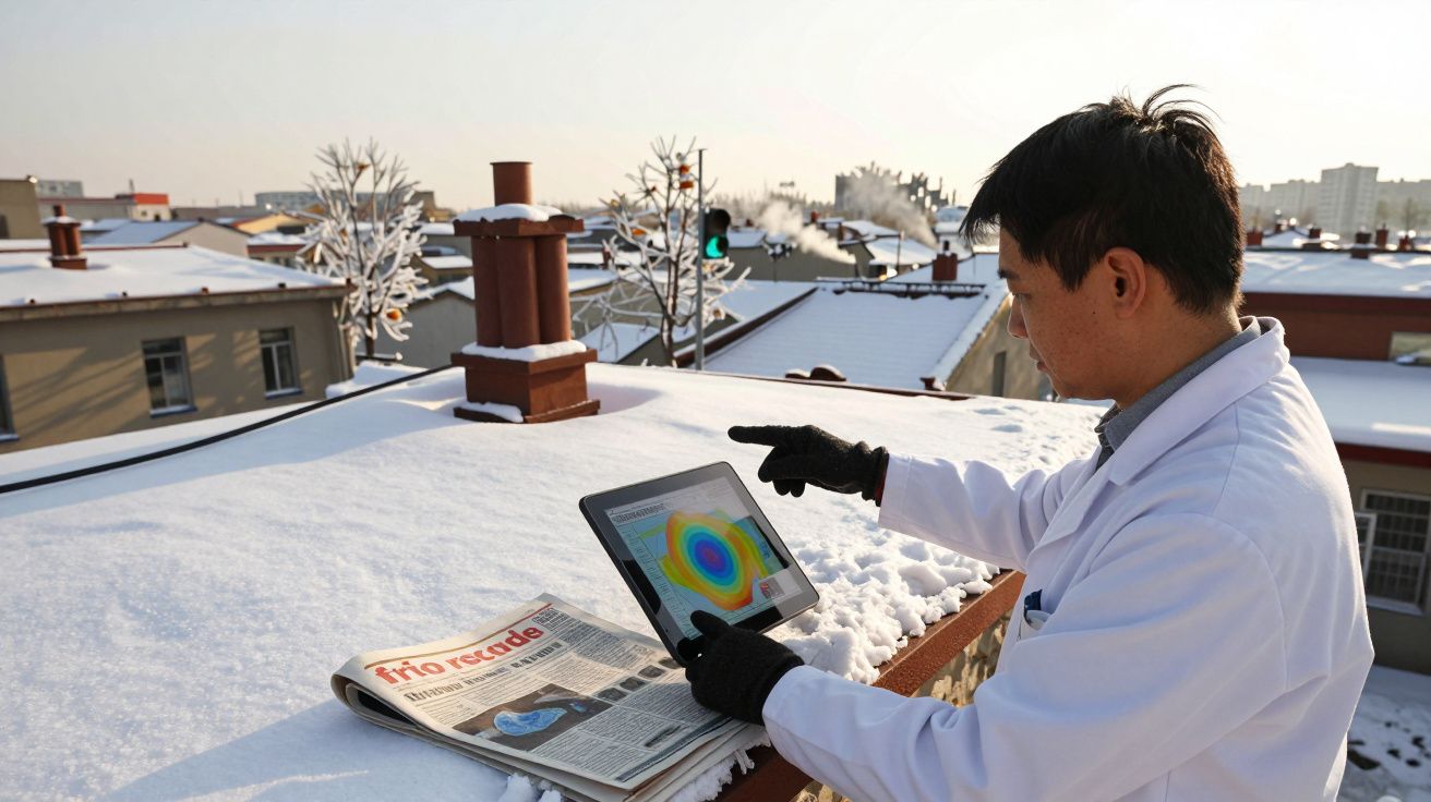 Homem de bata branca analisa dados num tablet sobre telhado coberto de neve; jornal pousado ao lado.