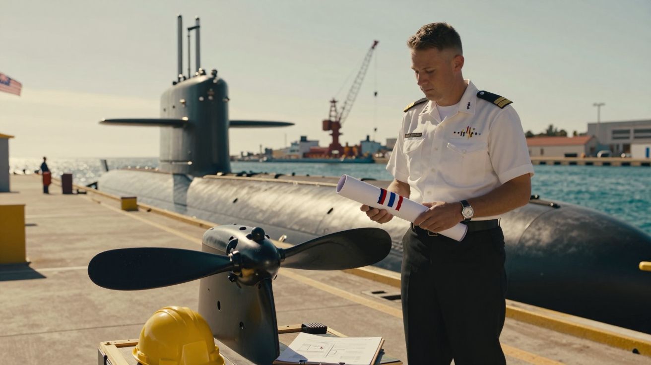 Oficial naval ao lado de um submarino em doca, segura mapa. Hélice e capacete amarelo sobre mesa à frente.