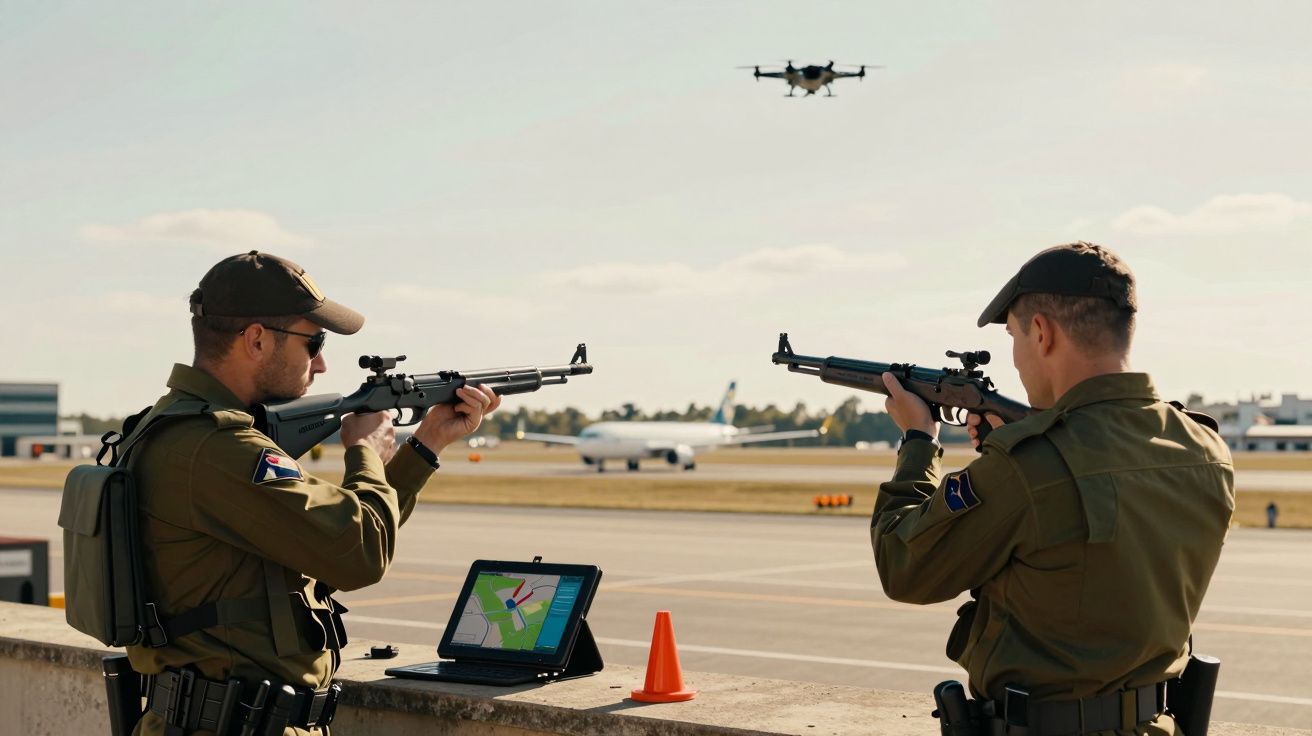 Dois soldados miram rifles num drone em sobrevoo, com um avião ao fundo. Um portátil mostra um mapa.