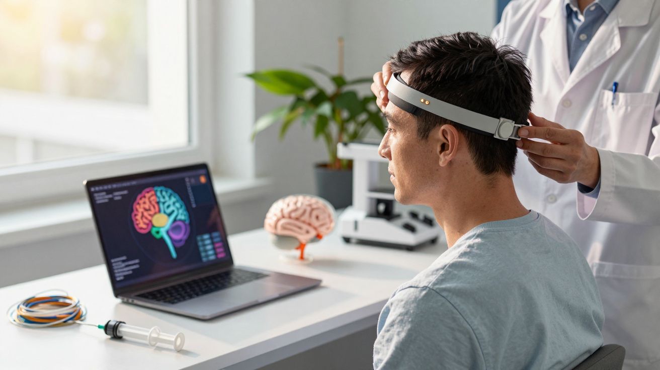 Homem usando faixa cerebral ligado a computador com imagem de cérebro, acompanhado por profissional de saúde.