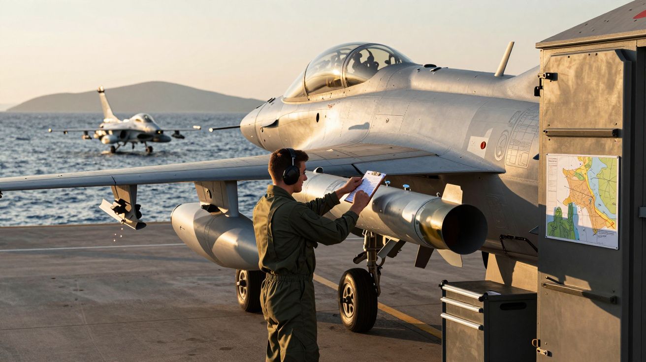 Piloto junto a avião de caça F-16 numa pista perto do mar ao pôr do sol, verificando documentos com outro jato ao fundo.