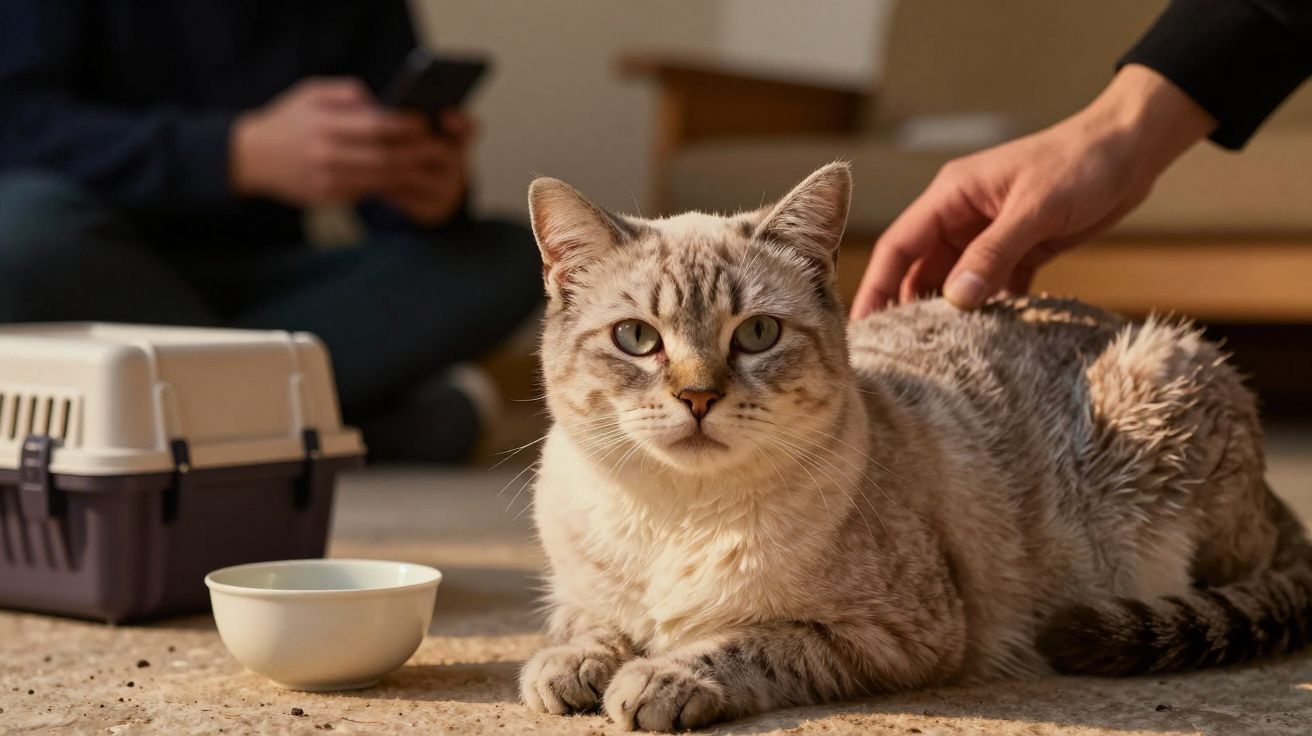 Gato branco deitado no chão ao lado de uma tigela e transportadora, sendo acariciado por uma mão.