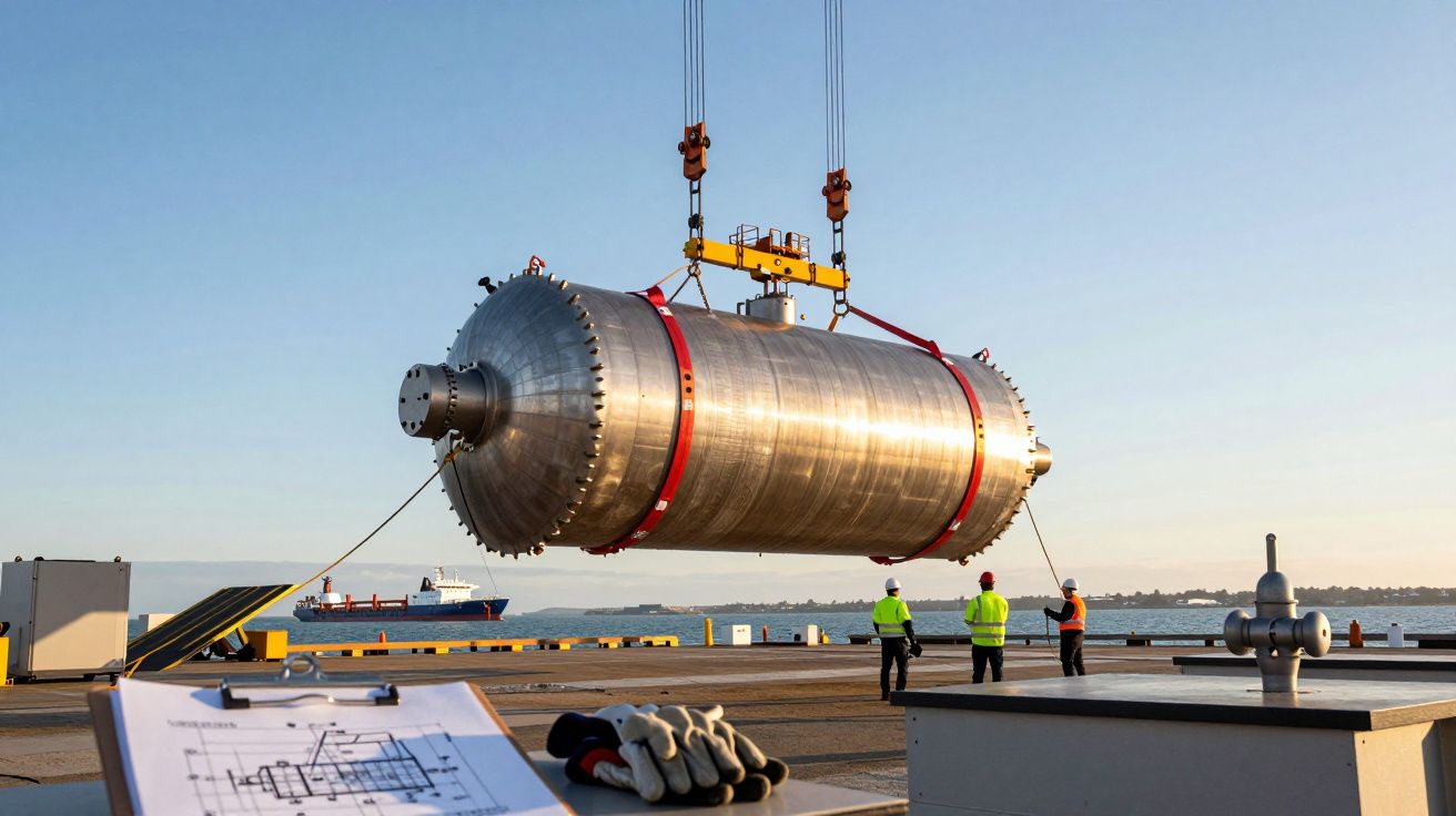 Cilindro metálico sendo transportado por guindaste num porto, com três trabalhadores a observar, navio ao fundo.