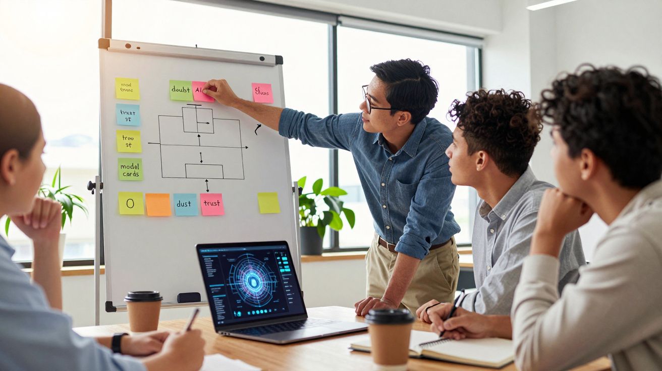 Homem apresenta esquema num quadro branco a três pessoas, com portáteis e café sobre a mesa.
