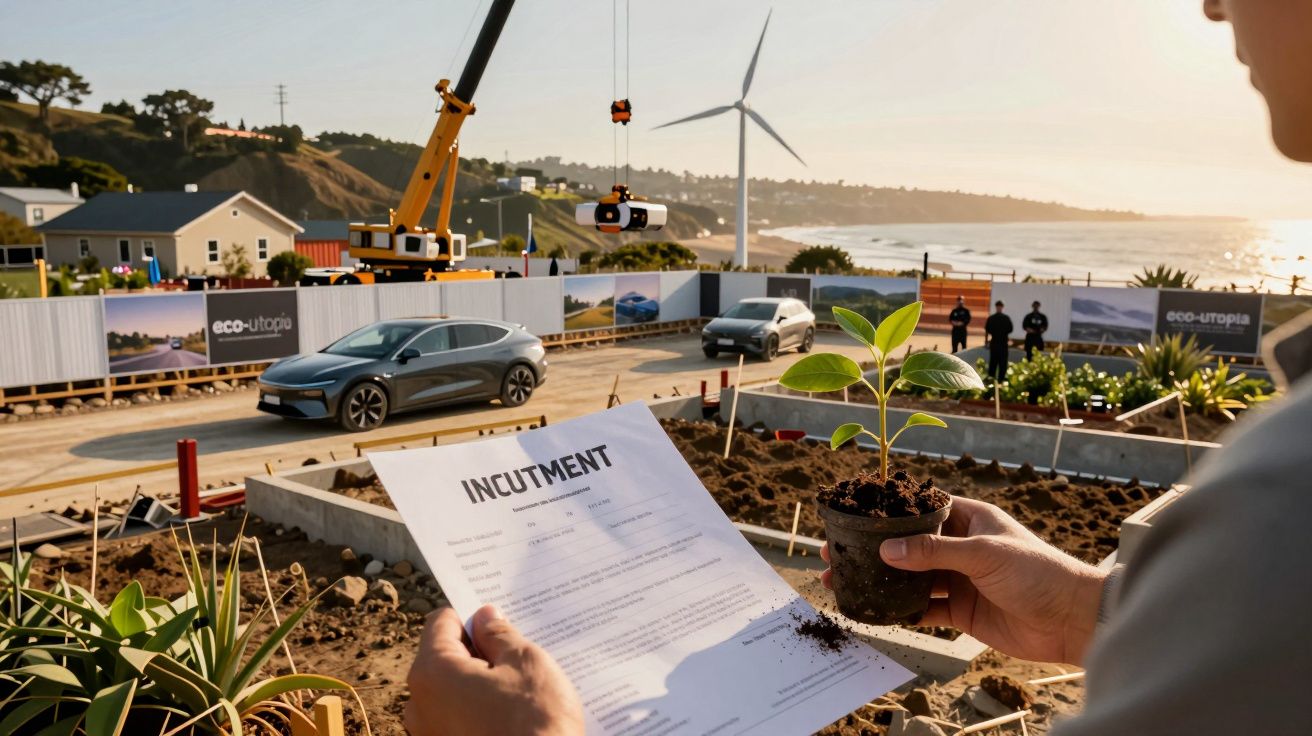 Homem segura planta e documento em obra sustentável com carro elétrico, turbina e casas ao fundo, à beira-mar.
