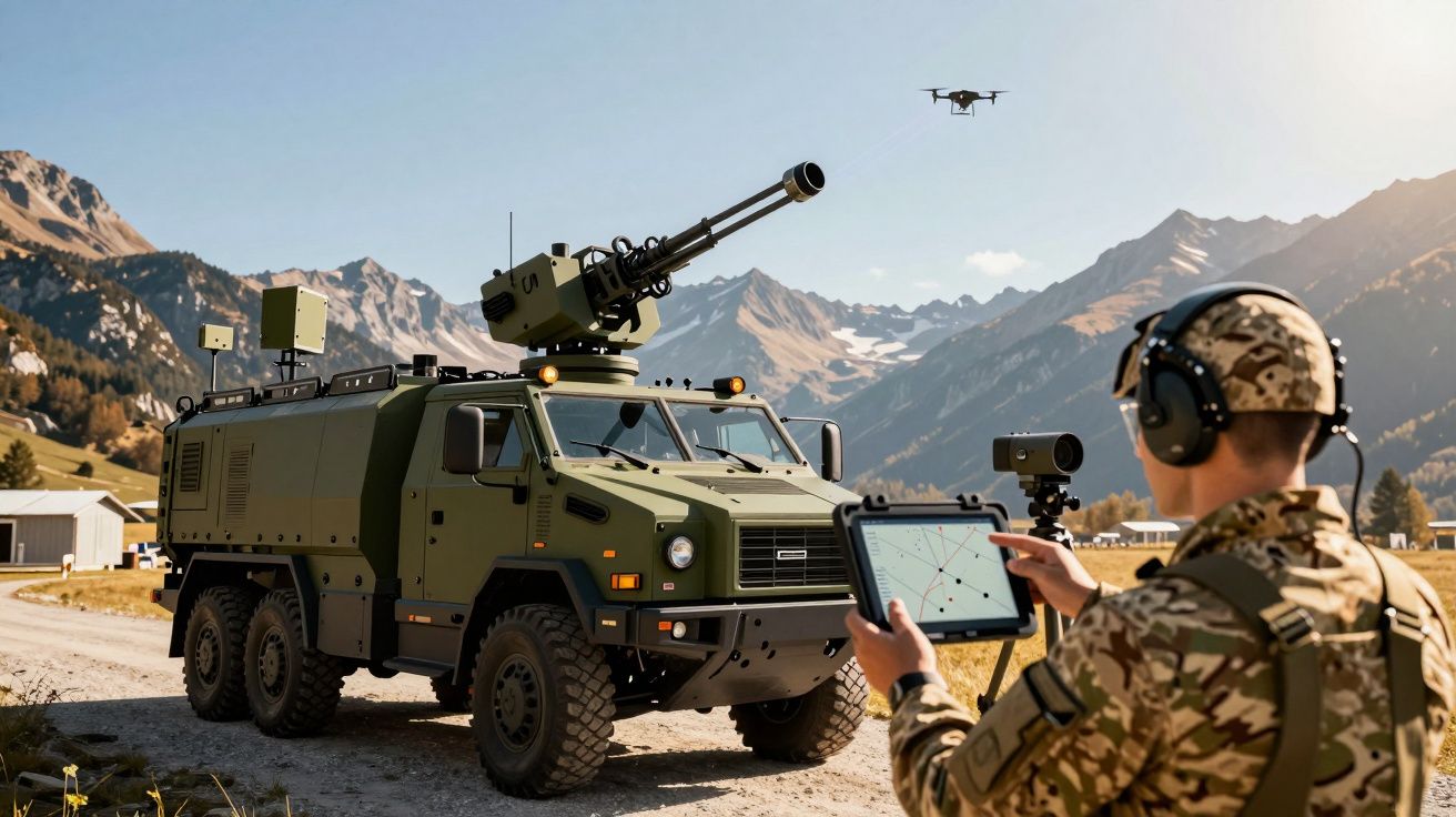 Militar controla veículo tático verde com tablet em cenário montanhoso; drone no céu ao fundo.