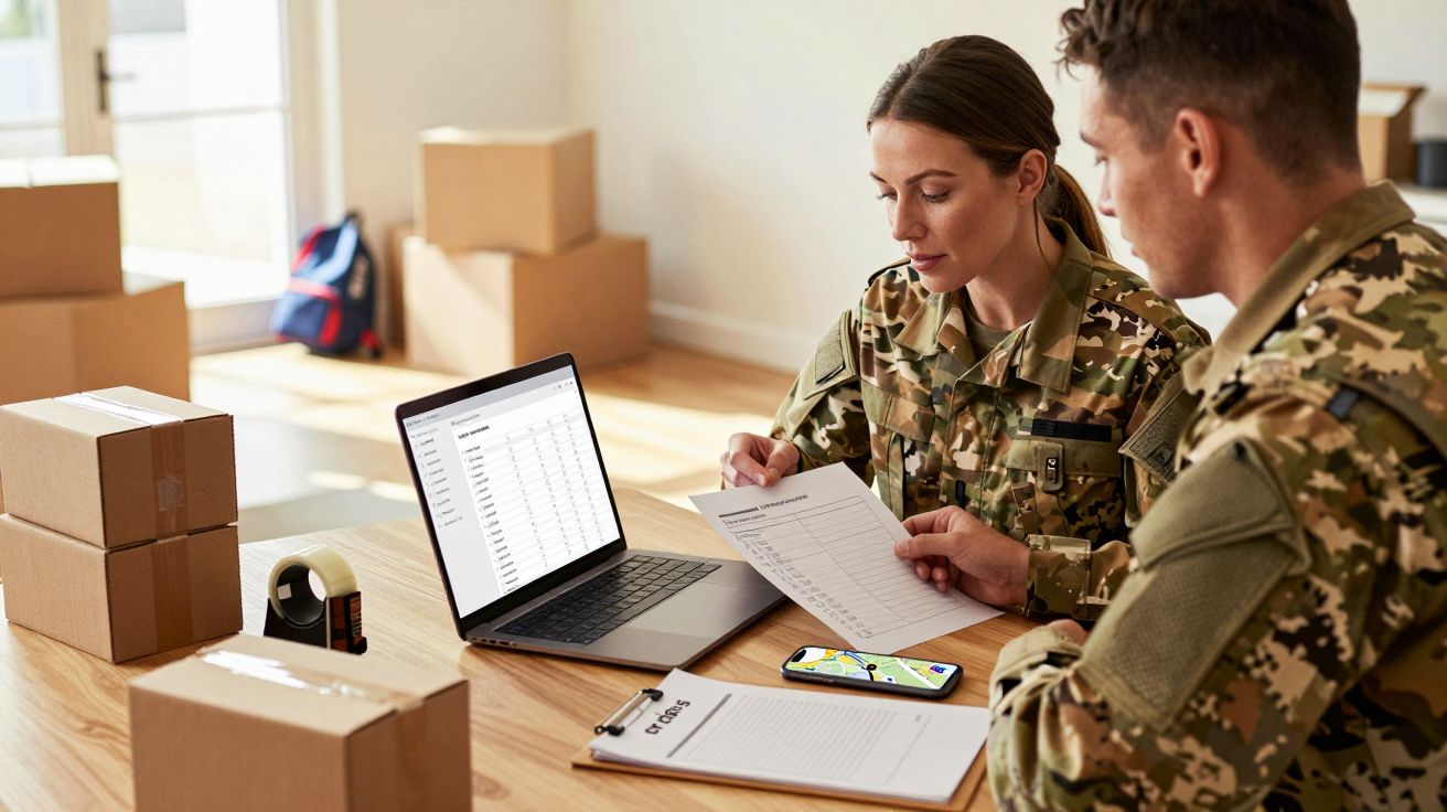 Dois militares analisam documentos e um portátil numa mesa com caixas de cartão ao fundo.