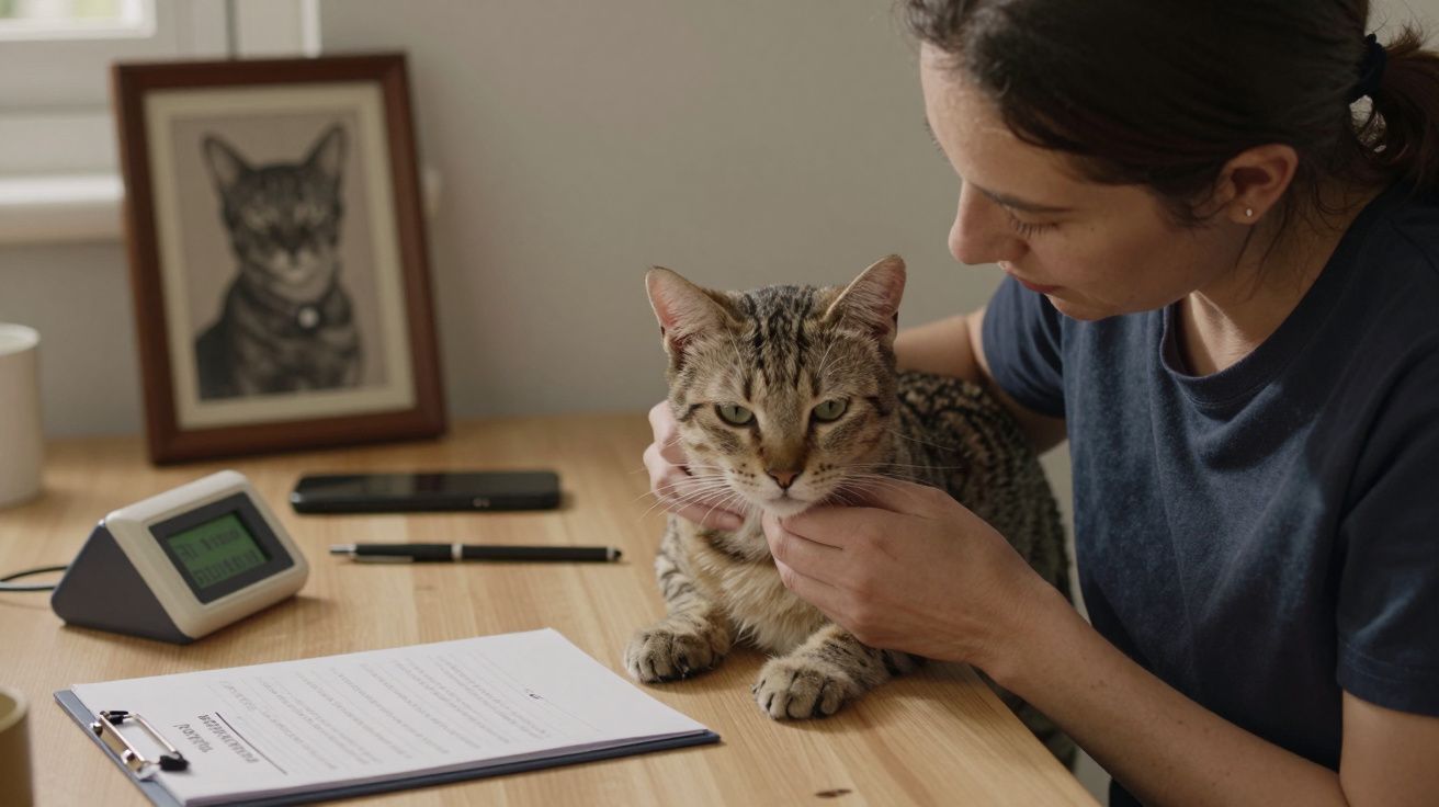 Mulher afaga gato numa mesa com documentos, moldura com foto de gato e relógio digital.