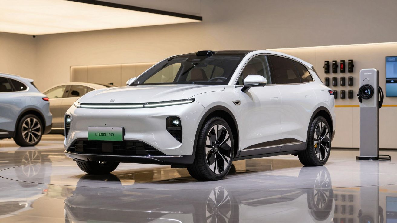 Carro elétrico branco em exibição num showroom moderno, com uma estação de carregamento ao lado.