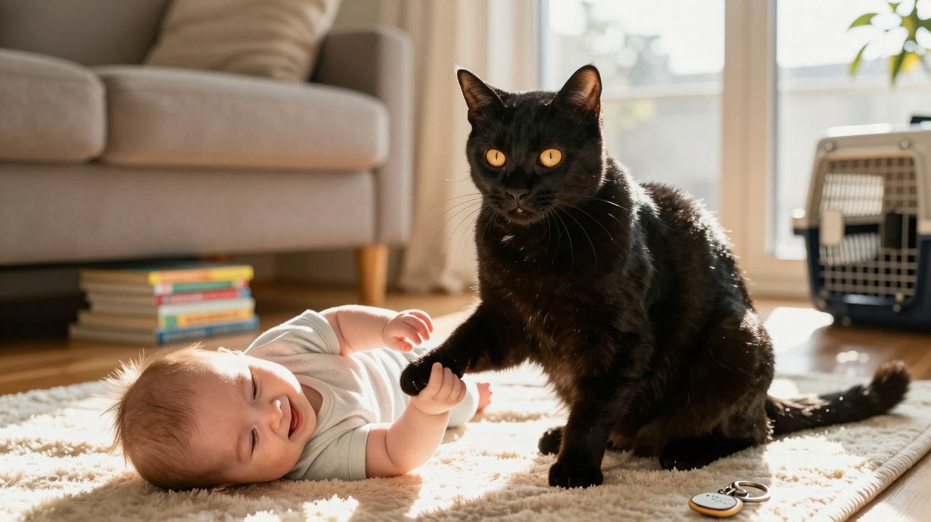 Bebé deitado no chão a brincar com um gato preto num tapete, com luz natural a entrar pela janela ao fundo.