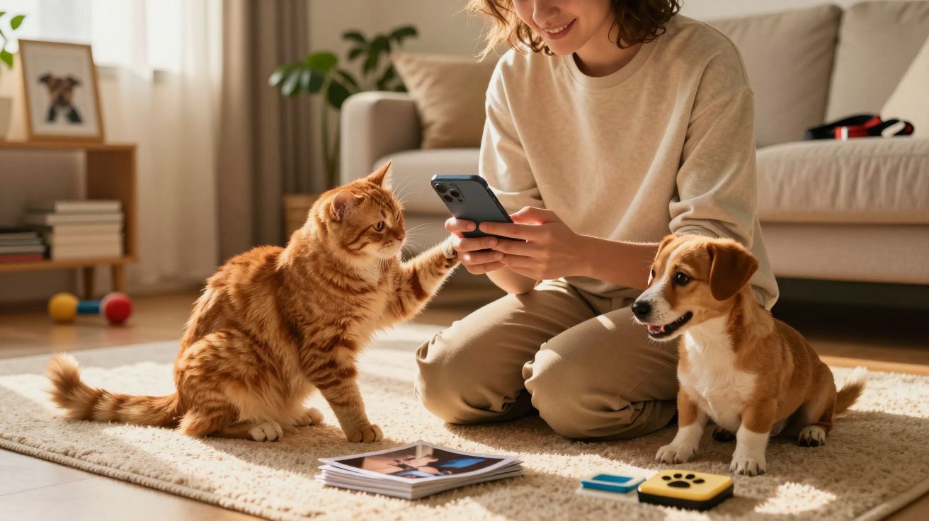 Pessoa sentada no chão com um gato e um cão, usando um telemóvel, numa sala com luz natural.